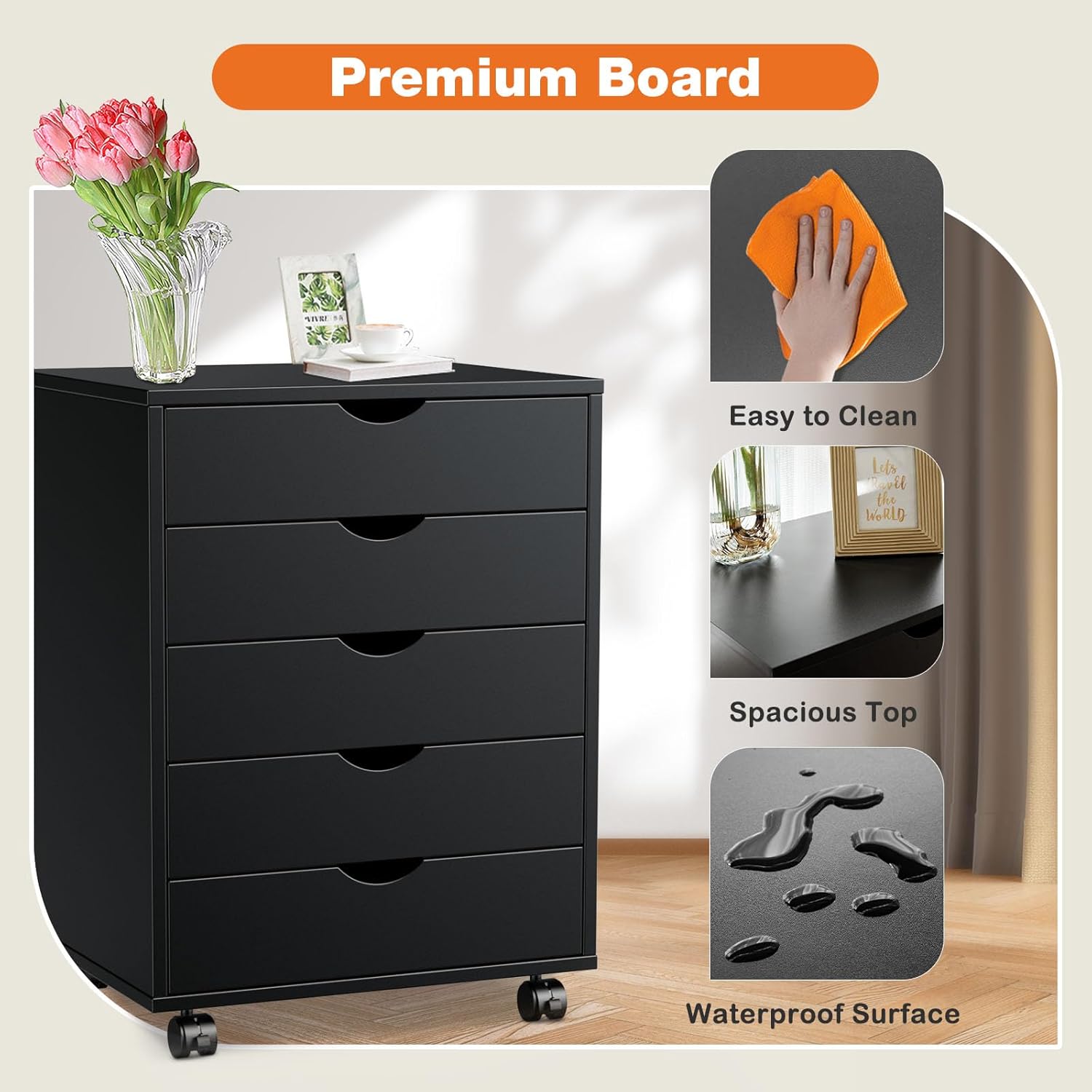 Sweetcrispy Cómoda de 5 cajones – Armarios de almacenamiento de madera con ruedas, organizador de habitación, cajones pequeños rodantes, muebles de