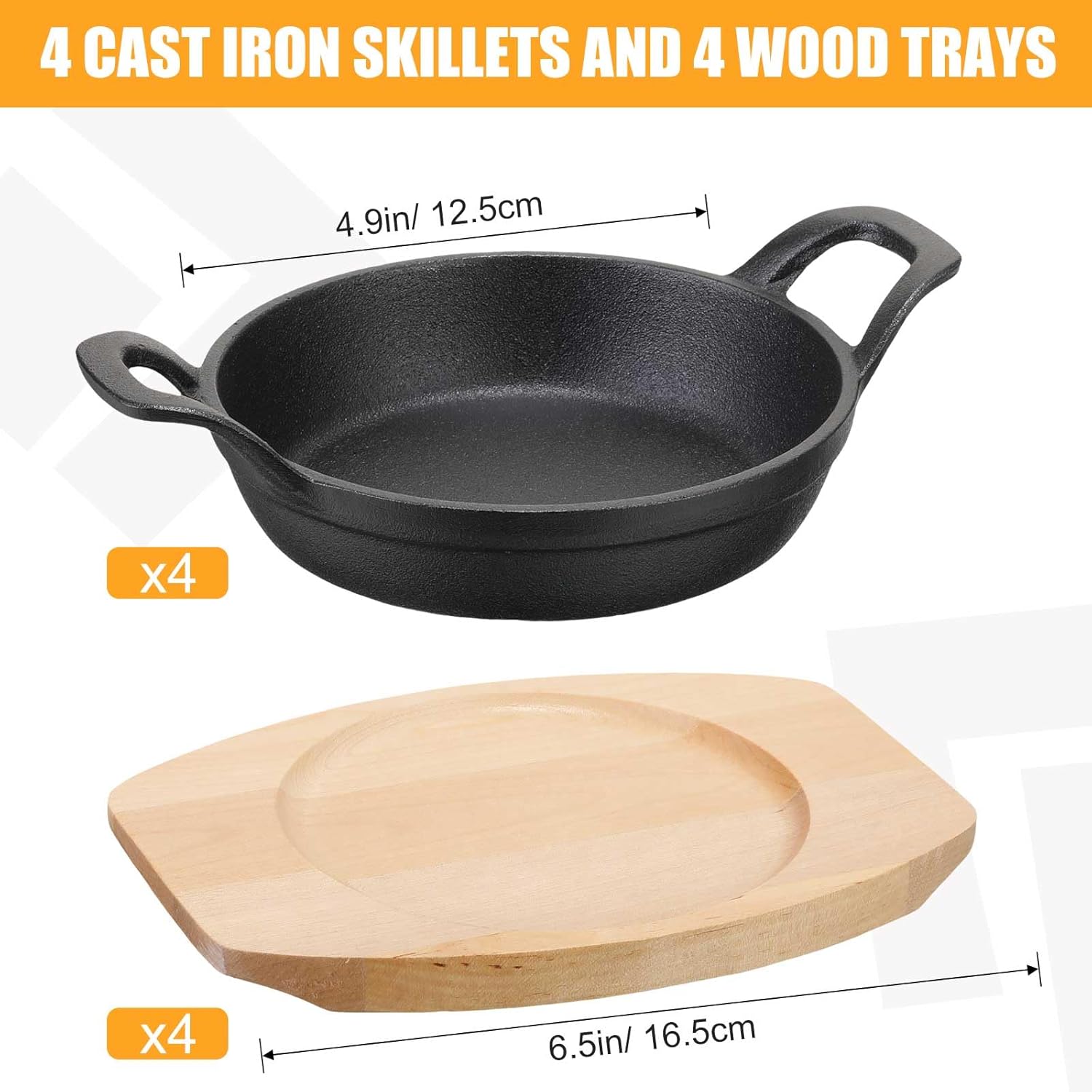 Sliner 4 juegos de mini sartén de hierro fundido, mini platos chisporroteadores con base de madera, sartén pequeña redonda de hierro fundido Fajita,
