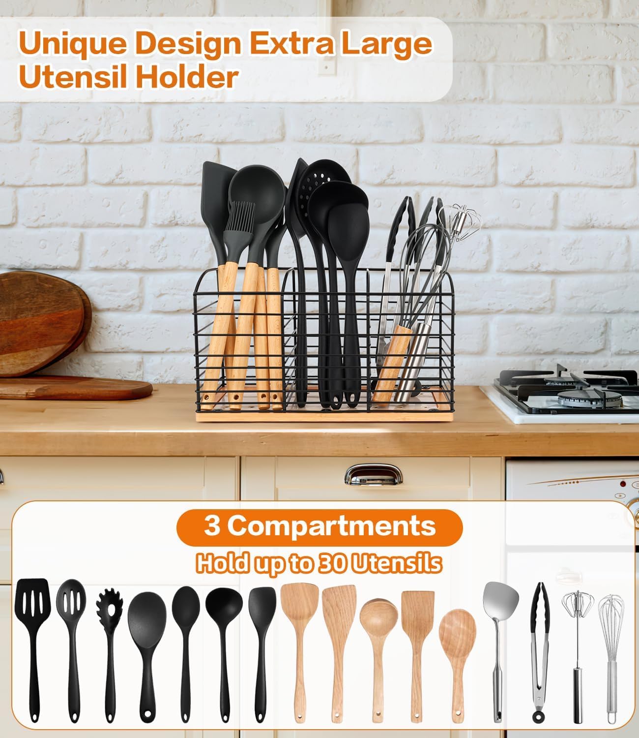 Soporte grande para utensilios para encimera de cocina, diseño estético de 11.8 x 6.7 x 4.7 pulgadas, 3 compartimentos, organizador de utensilios de