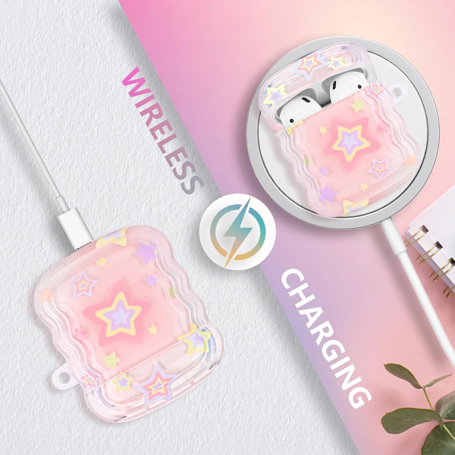 Bonita funda para Airpod con diseño de estrella kawaii, con llavero de estrella pequeña y campana, funda protectora suave compatible con Airpods de