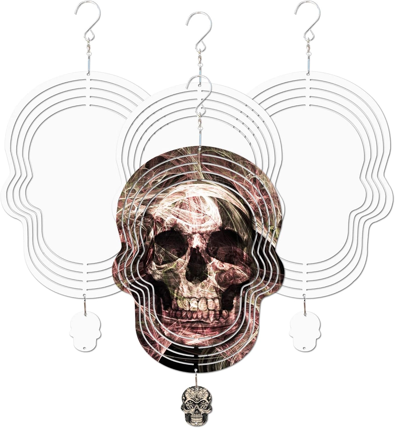 Paquete de 4 hilanderos de viento de sublimación, escultura cinética de aluminio 3D con forma de calavera, molduras de suspensión giratorias para