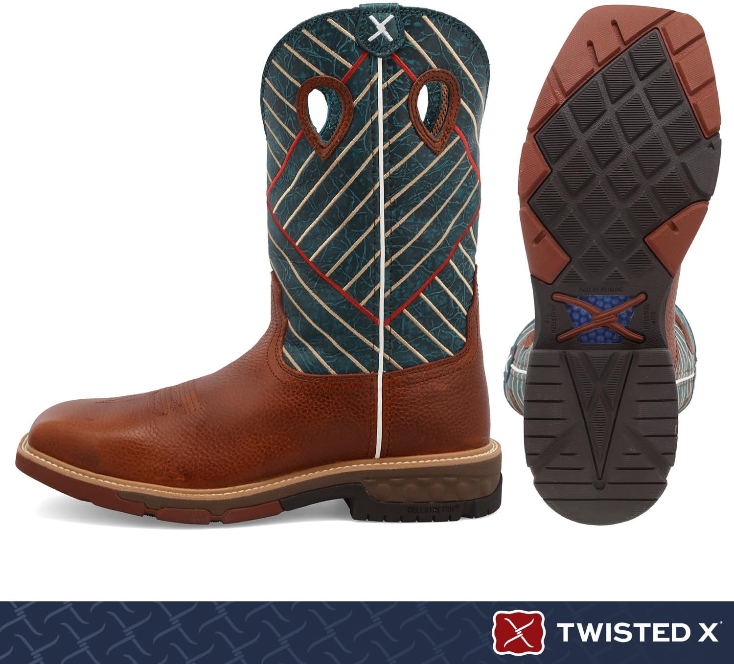 Twisted X Para hombre, color borgoñaazul cielo, puntera de aleación, EH, 12 pulgadas, botas de meter, BorgoñaAzul cielo