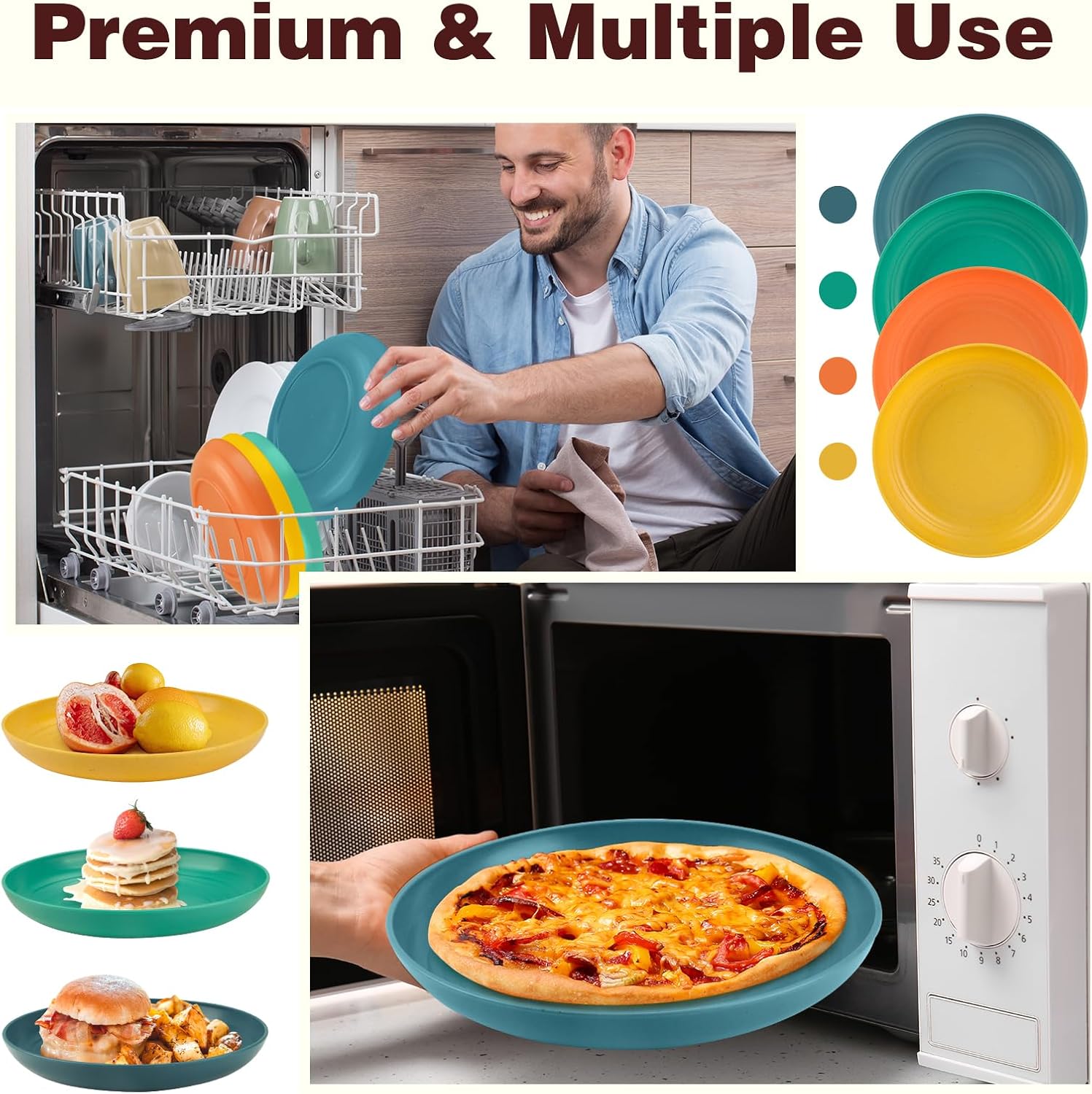 Juego de 8 platos de cena alternativos para platos de plástico, aptos para microondas y lavavajillas, platos de paja de trigo para cocina, platos