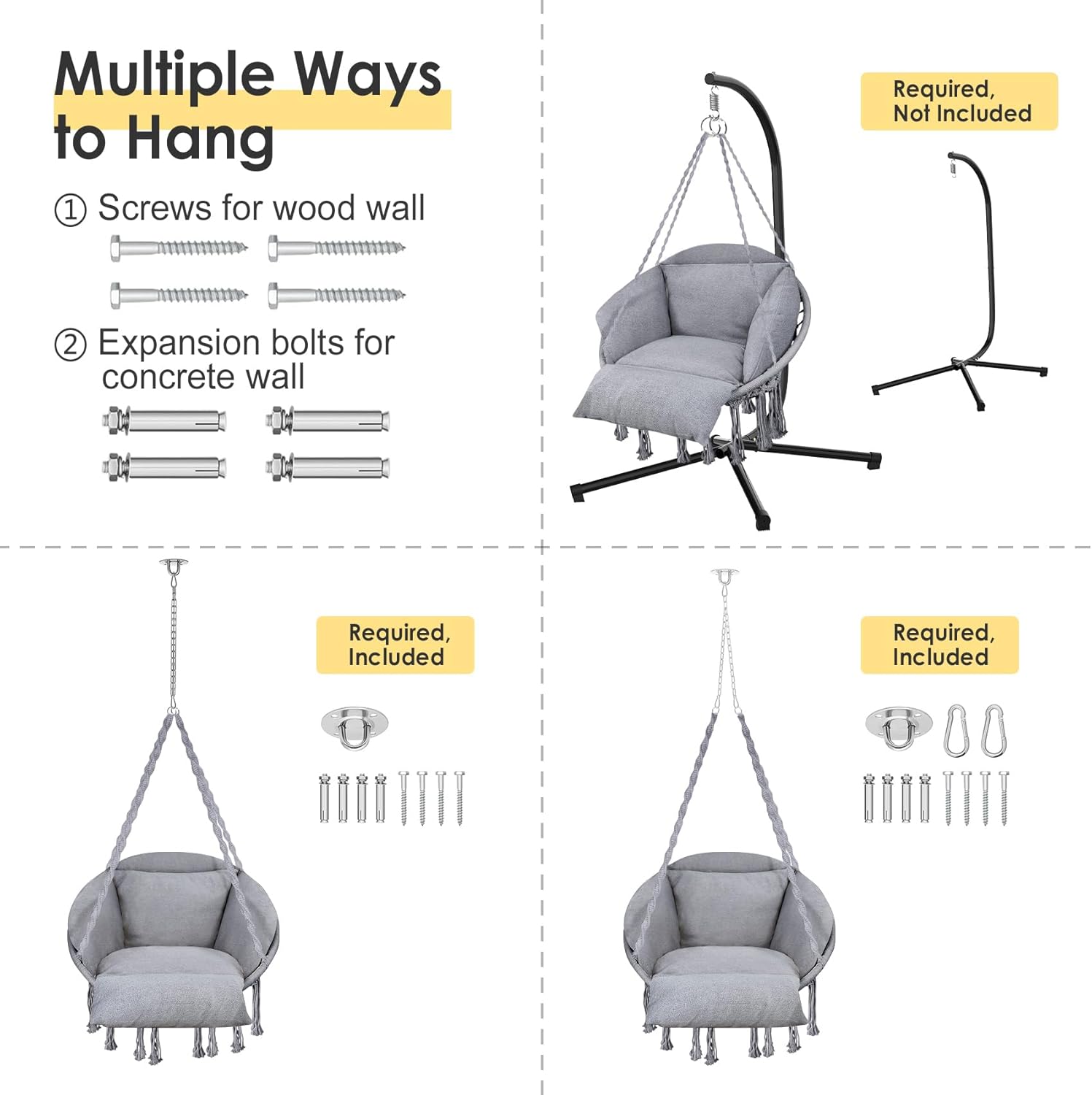 Silla colgante, hamaca de macramé, silla colgante con cojín de gran tamaño y accesorios de montaje, silla columpio tejida a mano para dormitorio,