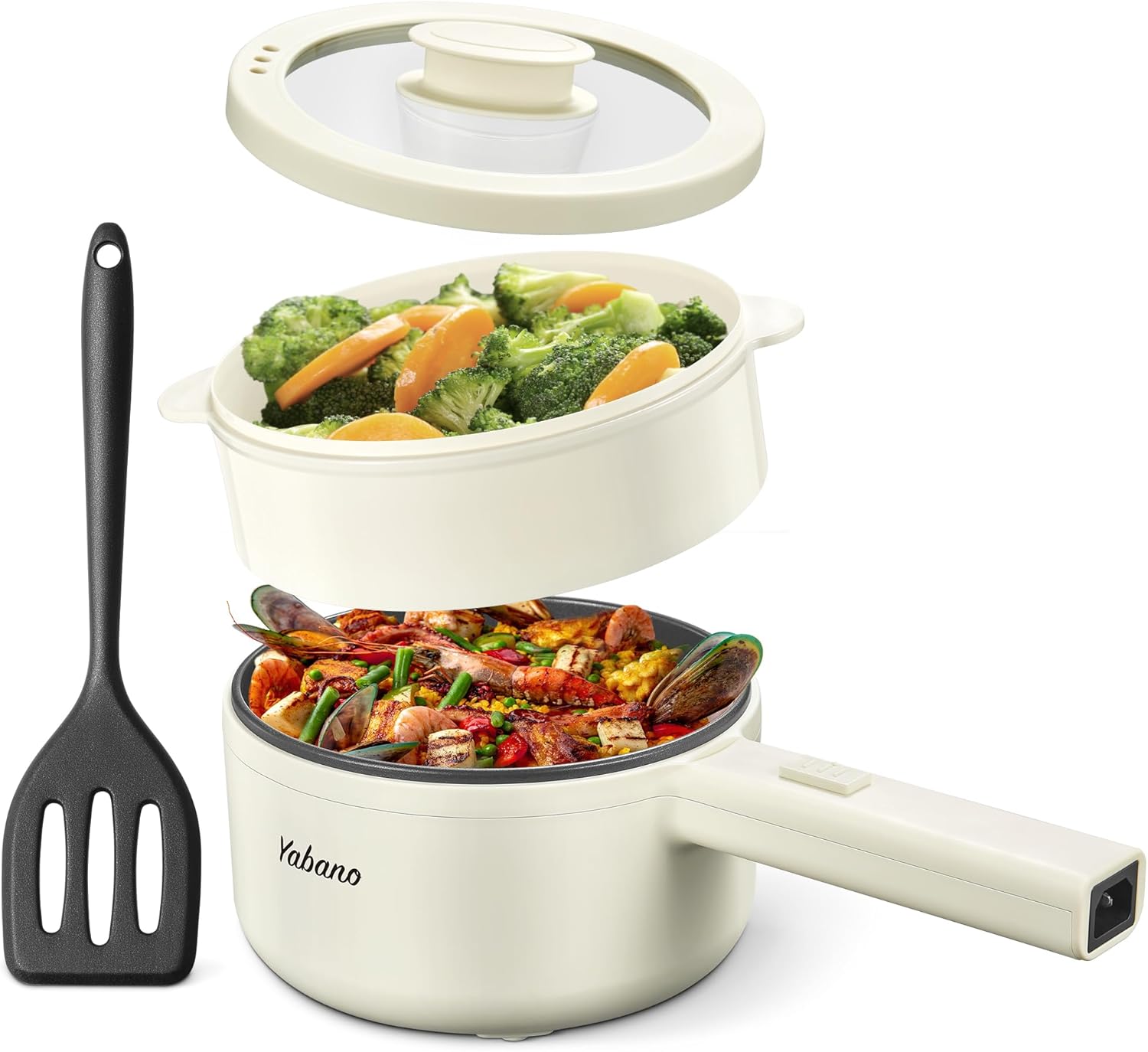 Yabano Olla eléctrica, olla eléctrica antiadherente de 850 W con vaporizador, olla de fideos de 1.6 litros con control de potencia doble, olla