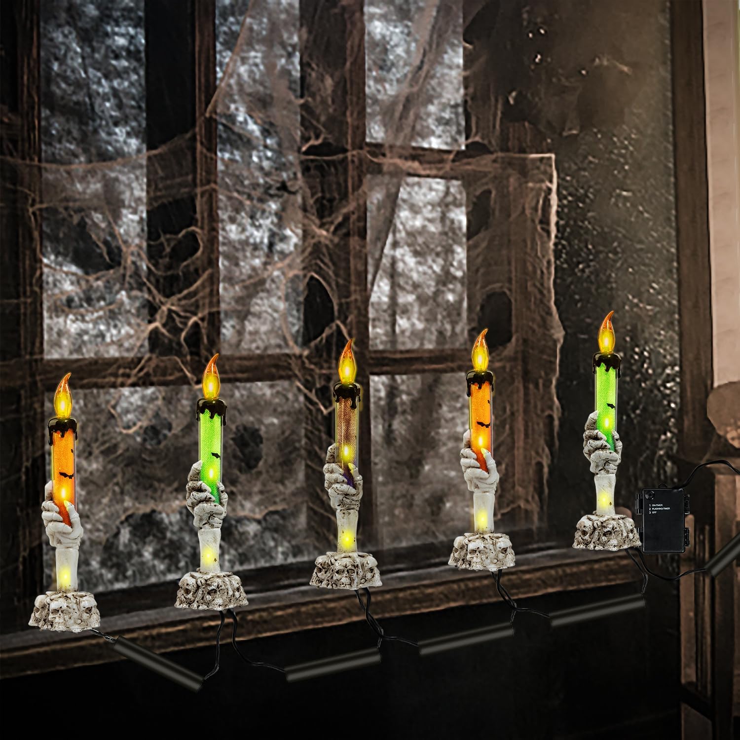 Decoración de luces de jardín de Halloween, paquete de 5 velas de mesa con mano de fantasma de esqueleto, estacas iluminadas para patio para