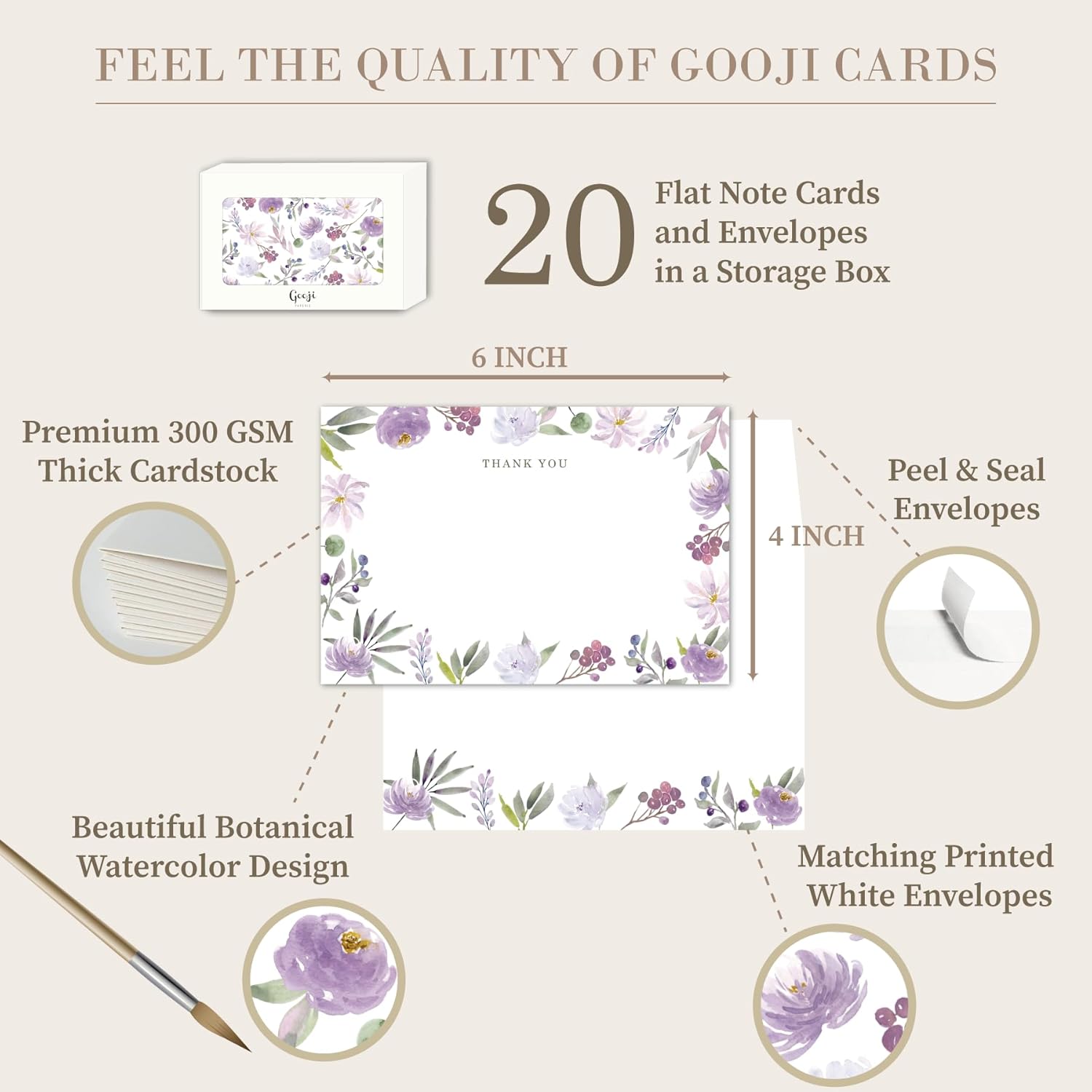 Tarjetas de agradecimiento florales moradas de 4 x 6 pulgadas con sobres, paquete de 20 tarjetas de notas florales en blanco con sobres, tarjetas de