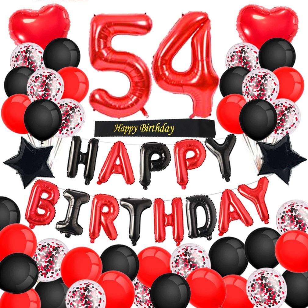 Minhero – Decoraciones de cumpleaños número 54, color rojo y negro, pancarta de feliz cumpleaños, globos rojos del número 54, banda de feliz