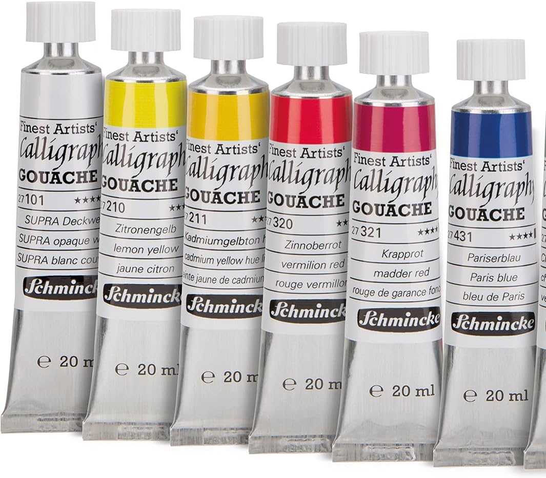 Schmincke – Caligrafía Gouache, tubos de 12 x 0,68 fl oz  0.7 fl oz, 72 028 097, 12 mejores colores de caligrafía en caja de madera, brillante,
