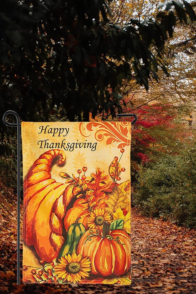 Bandera de jardín de temporada de doble cara de 12 x 18 pulgadas con texto en inglés Happy Thanksgiving para el hogar, decoración de porche de