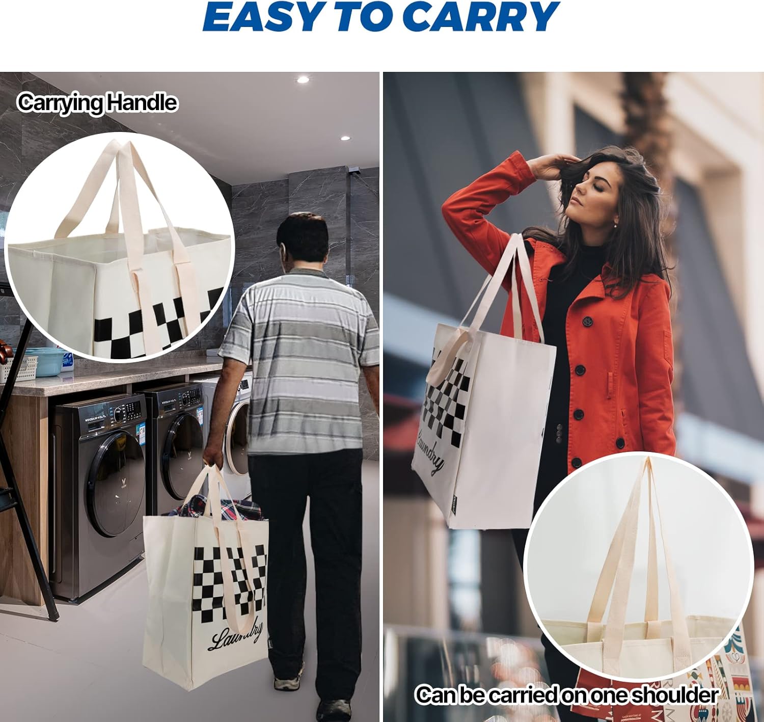 Bolsa de lona para ropa sucia XL, extra grande y resistente, bolsa de almacenamiento con malla de cordón fijo, correas para el hombro y asas, VOL