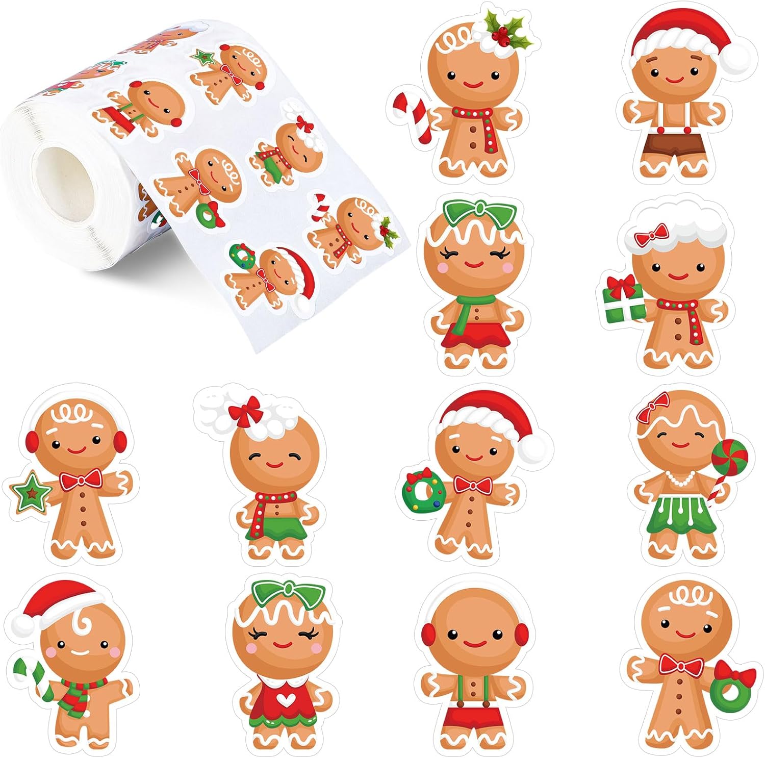Whaline 1000 calcomanías de Navidad en rollo de hombre de jengibre, 12 diseños divertidos de dibujos animados, adhesivos decorativos para regalo,