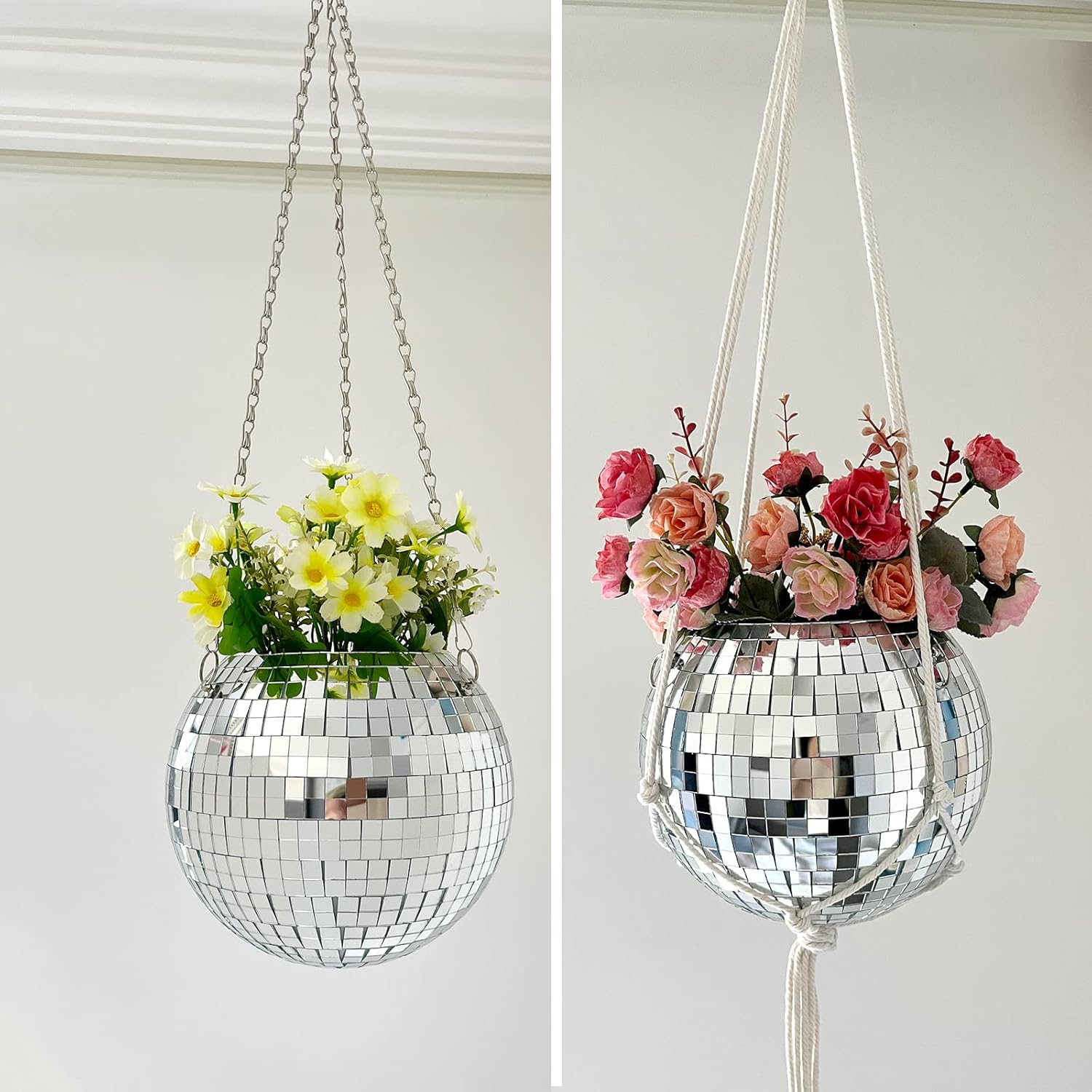 Macetas de riego automático para plantas de interior con orificio de drenaje, maceta de bola de discoteca con cadena, cuerda de macramé, anillo de