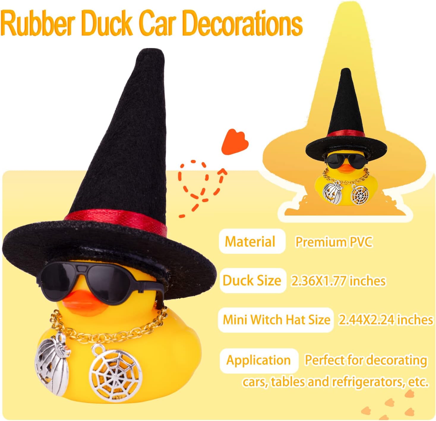 MuMyer Patos de Halloween para automóvil, paquete de 2 adornos de goma para automóvil, pato amarillo, decoración de tablero de automóvil con