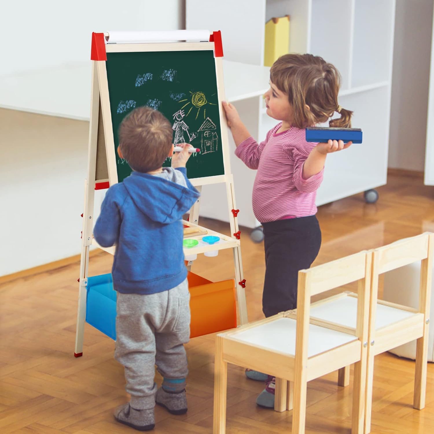 RenFox Caballete para niños, caballete de arte ajustable para niños, más de 140 accesorios, pizarra magnética de borrado en seco de doble cara y