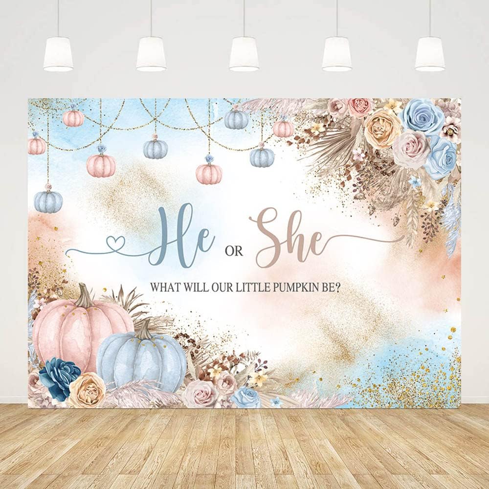 Telón de fondo de revelación de género de 7 x 5 pies con texto en inglés “He or She What Will Our Little Pumpkin Be Background”, color rosa y azul,