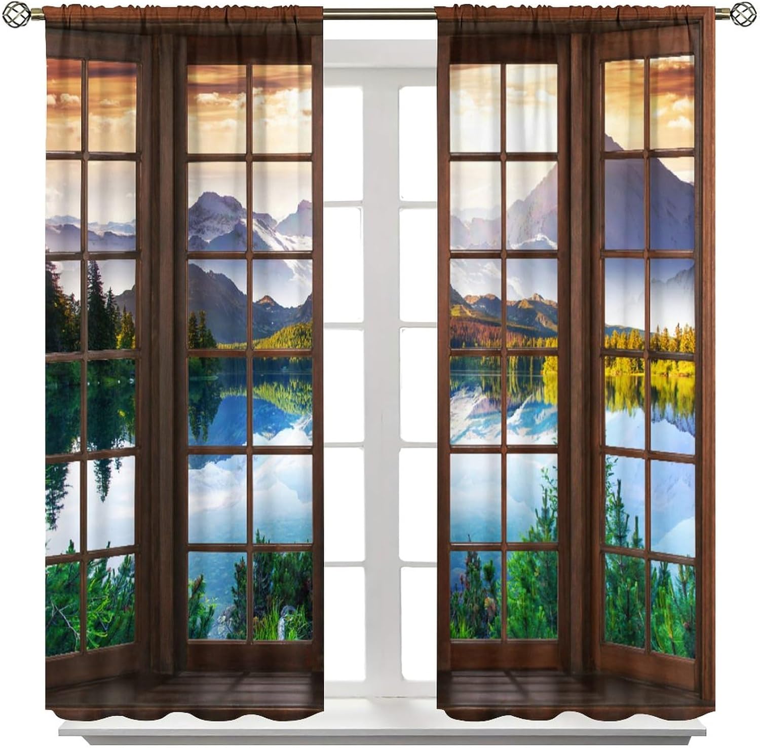 Cortinas de paisaje, paisaje natural, temático, bosque, lago, montaña, escena 3D, bolsillo para barra, cortinas opacas para ventana, para