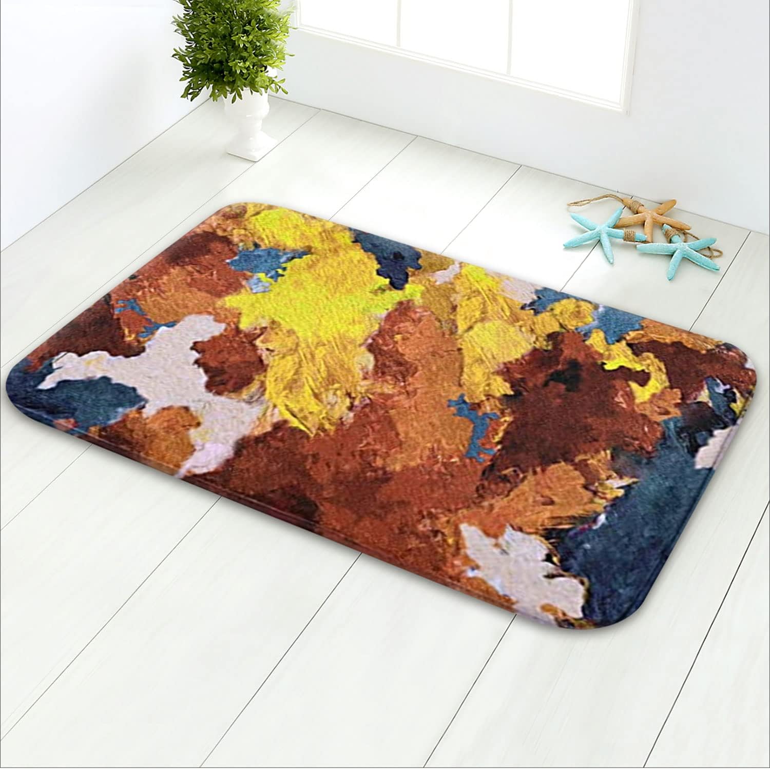 LIVILAN Alfombras de baño abstractas de color amarillo, con pintura al óleo, antideslizantes, ultra suaves y absorbentes de agua, alfombra de baño