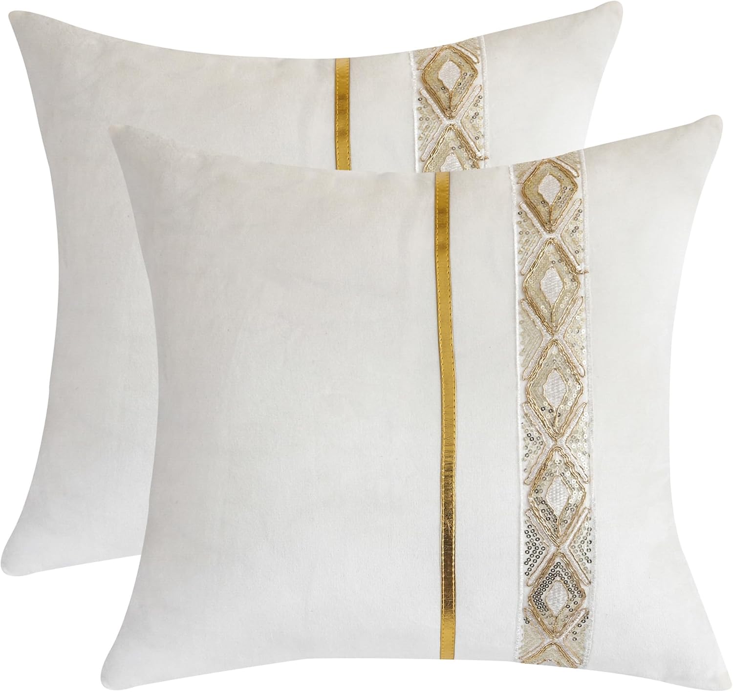 Fundas de almohada de terciopelo blanco de 16 x 16 pulgadas, paquete de 2 con cuero dorado bordado de lentejuelas a rayas, fundas de almohada