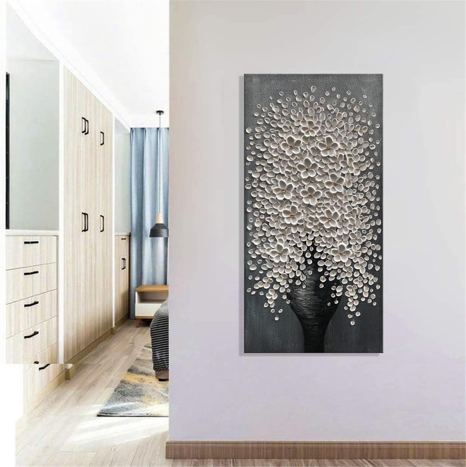 Alenoss Pinturas al óleo abstractas 100% pintadas a mano de 24 x 48 pulgadas, lienzo moderno floral blanco, arte de pared, pinturas verticales 3D,
