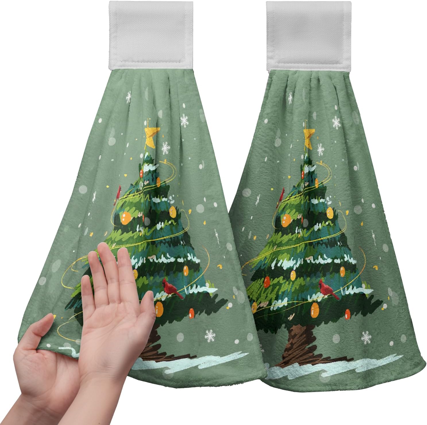 Juego de 2 toallas de cocina colgantes para árbol de Navidad de Navidad, toalla de mano de nieve con lazo para colgar, copos de nieve nevados y