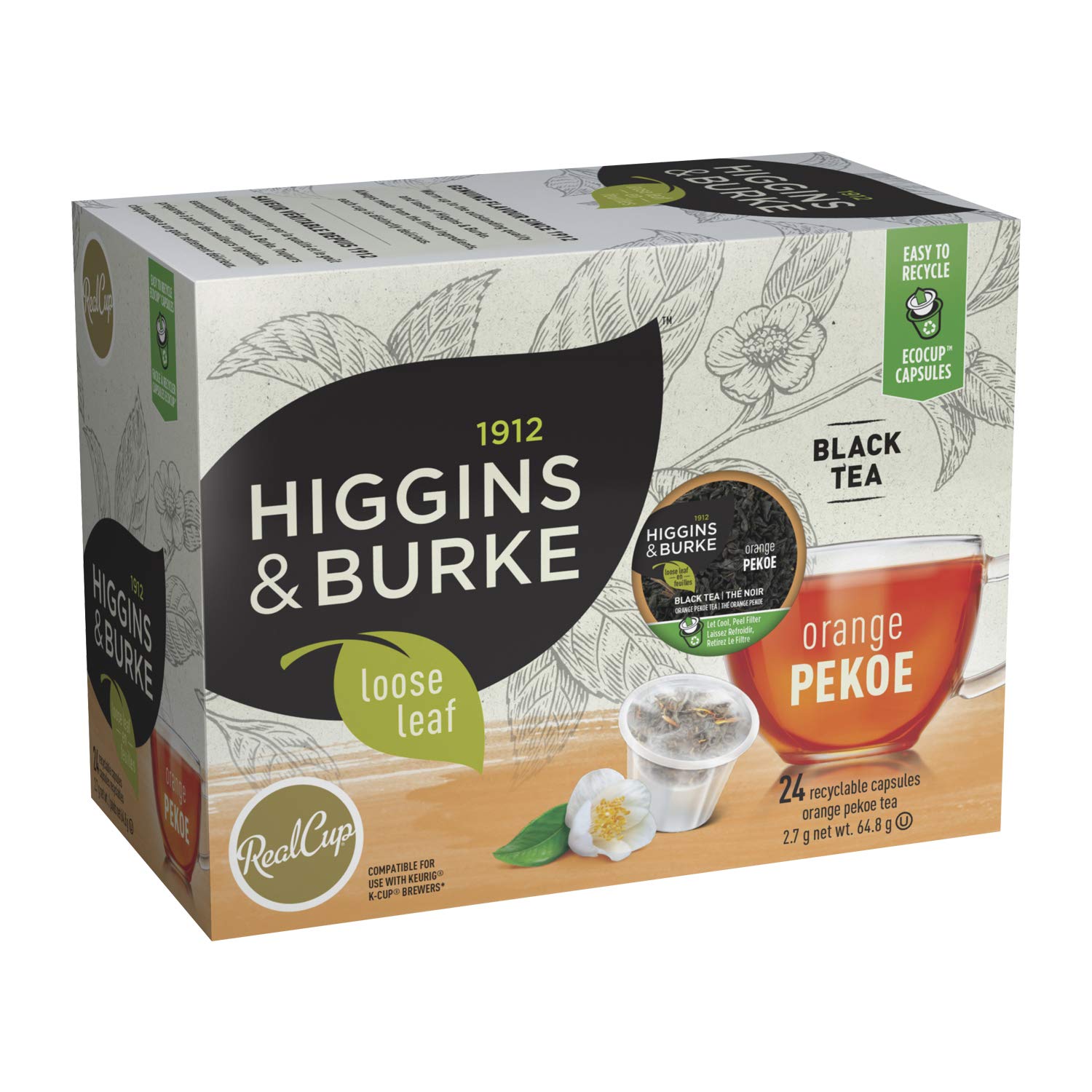 Higgins & Burke Orange Pekoe, té negro de hojas sueltas, cápsulas compatibles con Keurig K-Cup Brewer, 24 unidades