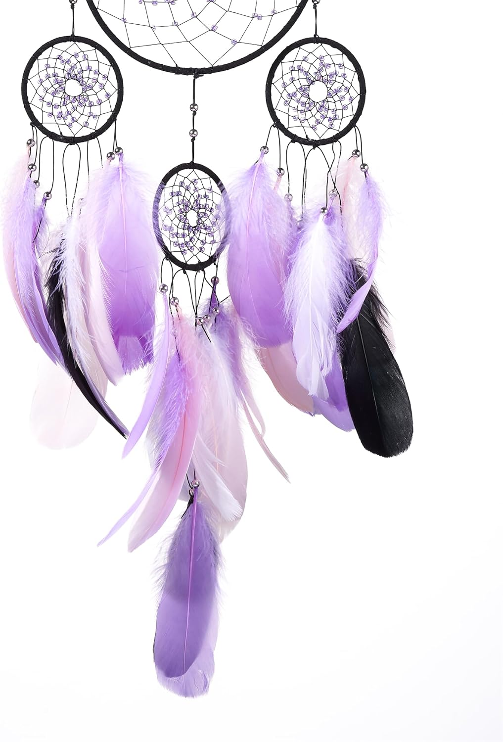 Atrapasueños de color morado estrellado, plumas de ganso con multianillo, hecho a mano, gran atrapasueños para dormitorio, atrapasueños para niñas,