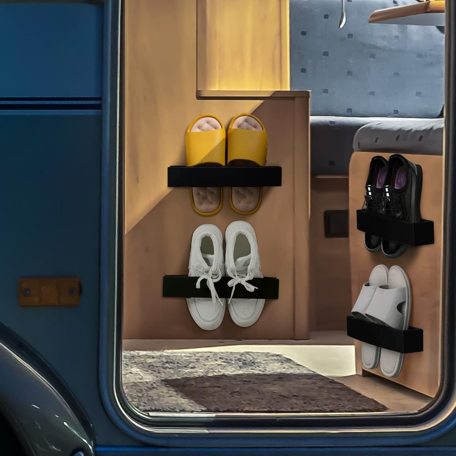 Paquete de 4 zapateros ajustables para montar en la pared, organizador de almacenamiento de plástico para zapatos, almacenamiento de RV, ganchos de