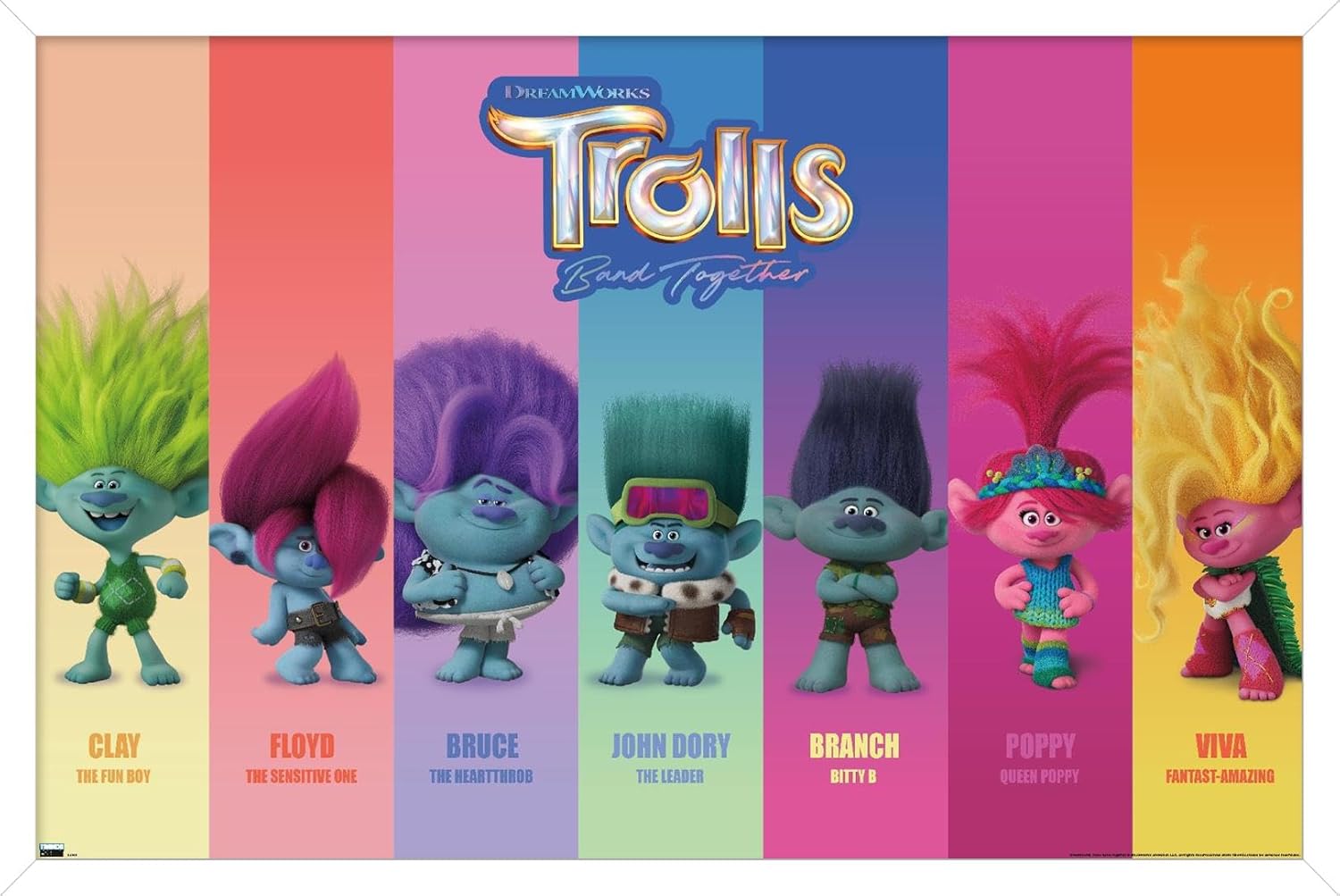Trends International Trolls Band Together – Póster de pared Perfect Harmony, 14.72 x 22.37 pulgadas, versión enmarcada en blanco