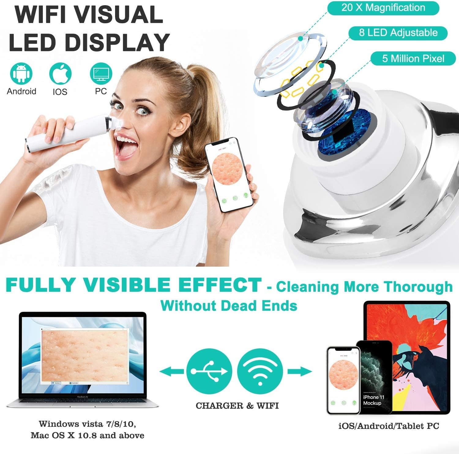 Aspiradora eliminadora de puntos negros, limpiador eléctrico de poros facial 2021, herramienta extractor de acné recargable por USB, kit de