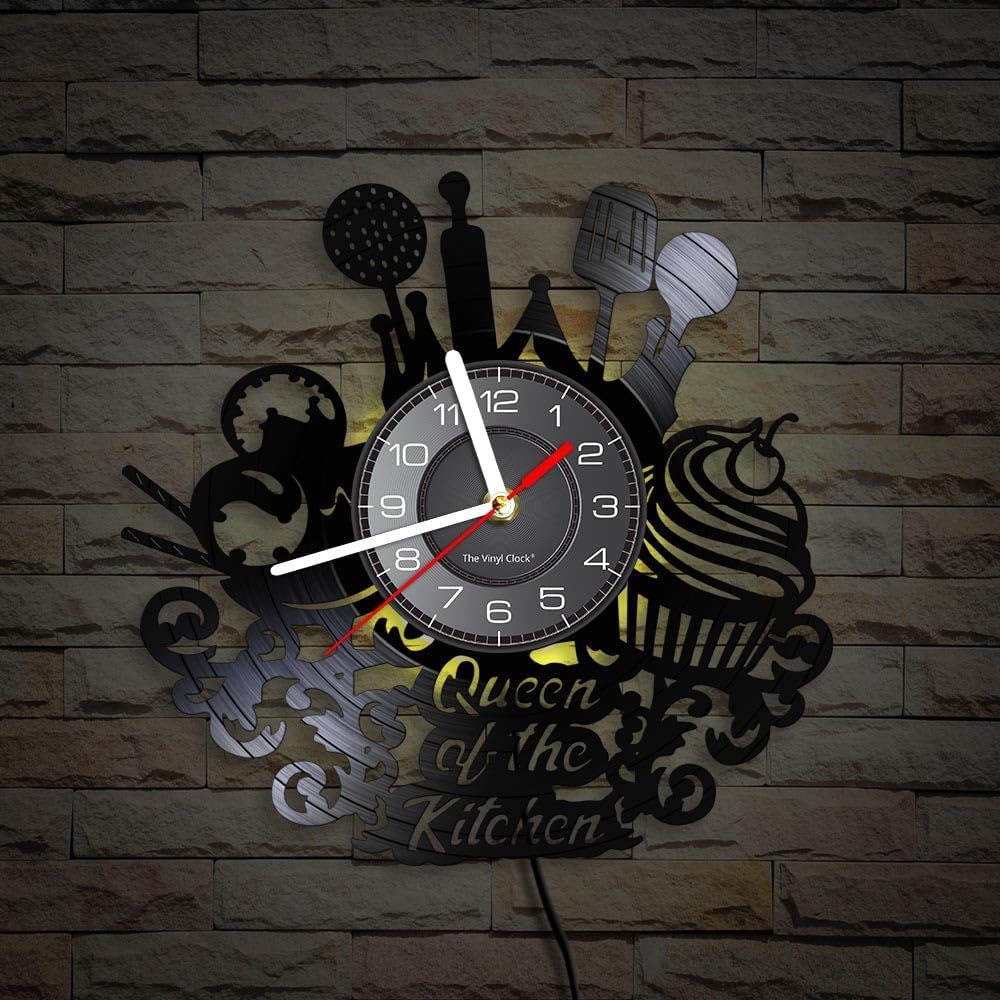 Reloj de pared de disco de vinilo de cocina de 12 pulgadas con 7 modos luminosos, moderno, decorativo, silencioso, de cuarzo, sin tictac, negro,