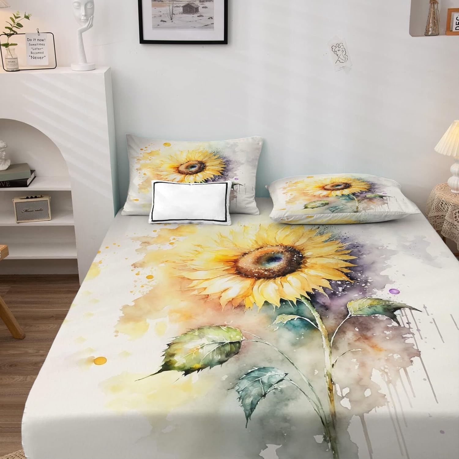 Sábanas de girasol, tamaño California King, sábanas de cama con estampado floral de plantas, juego de sábanas y fundas de almohada de 4 piezas,