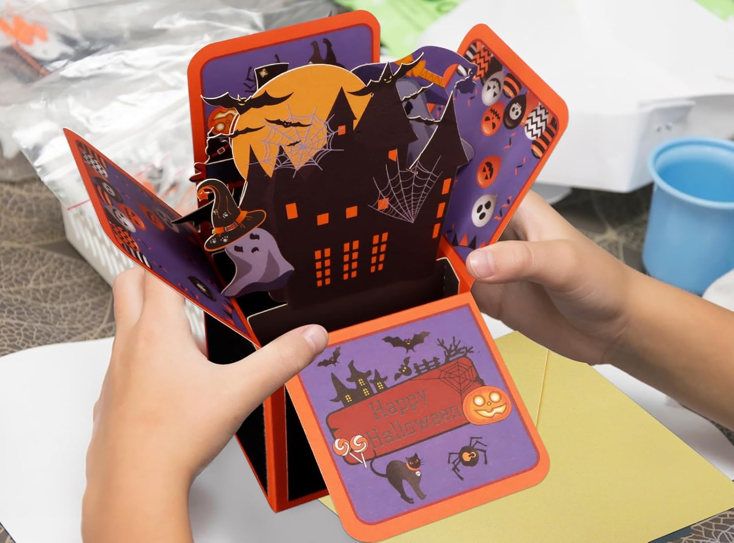 D24TIME Tarjetas desplegables de Halloween para niños, divertidas tarjetas de felicitación de Halloween en 3D con sobres, casa embrujada,