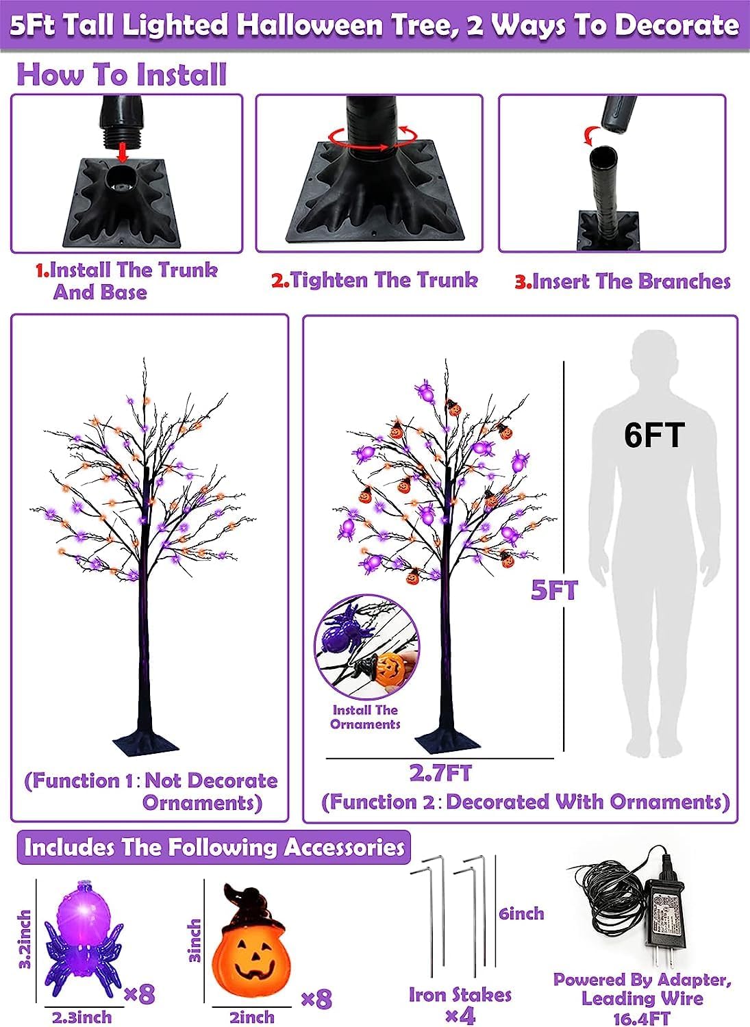 TURNMEON Árbol de Halloween iluminado naranja y morado de 5 pies con temporizador, decoraciones de Halloween, árbol artificial espeluznante para