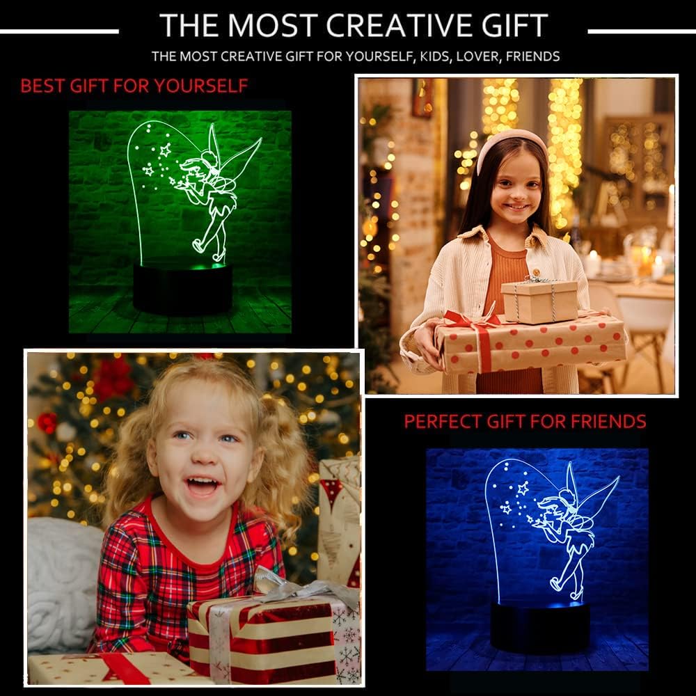 Magic Elf Tinker Bell Miss Bell Rare Peter Pan Snowflake Tinkerbell Anime Character 3D LED Decoración Dormitorio Lámpara de mesa con control remoto
