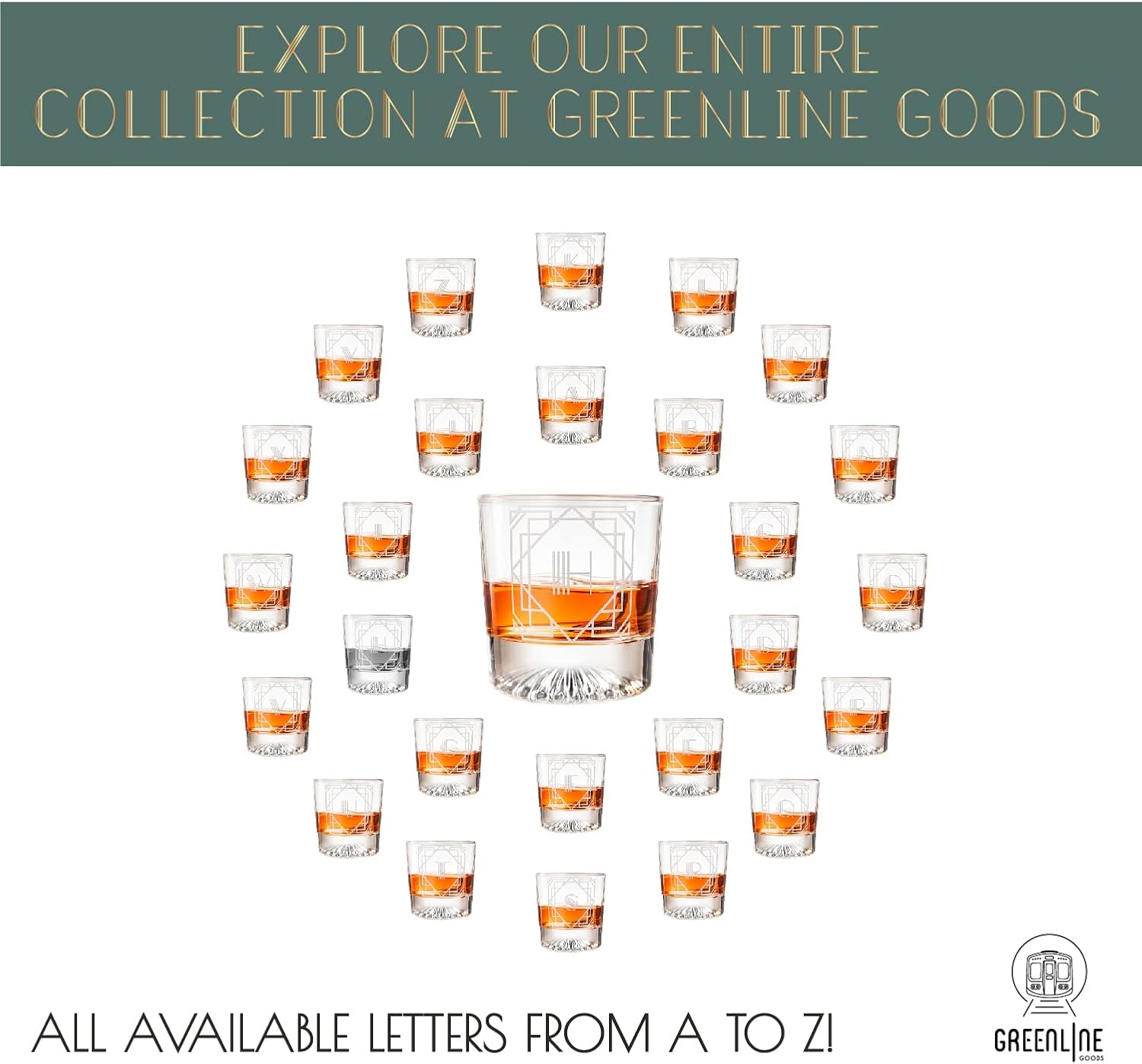 Greenline Goods – Monograma Art Deco Letra H Grabada Copa de whisky Perfecto para Bourbon, Scotch, Licor, Cóctel – Juego de 4 vasos de whisky de