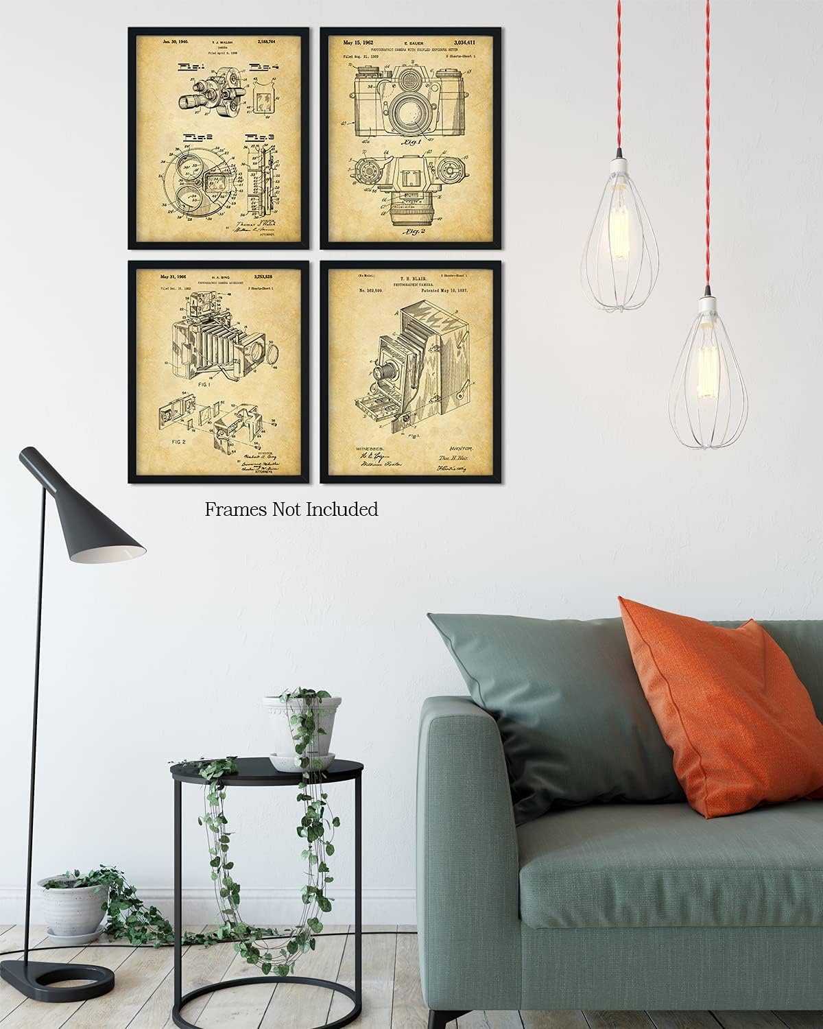 Govivo Patente de cámara antigua un conjunto de cuatro patentes de equipos de fotografía para decoración de pared impresiones con fondos sepia,