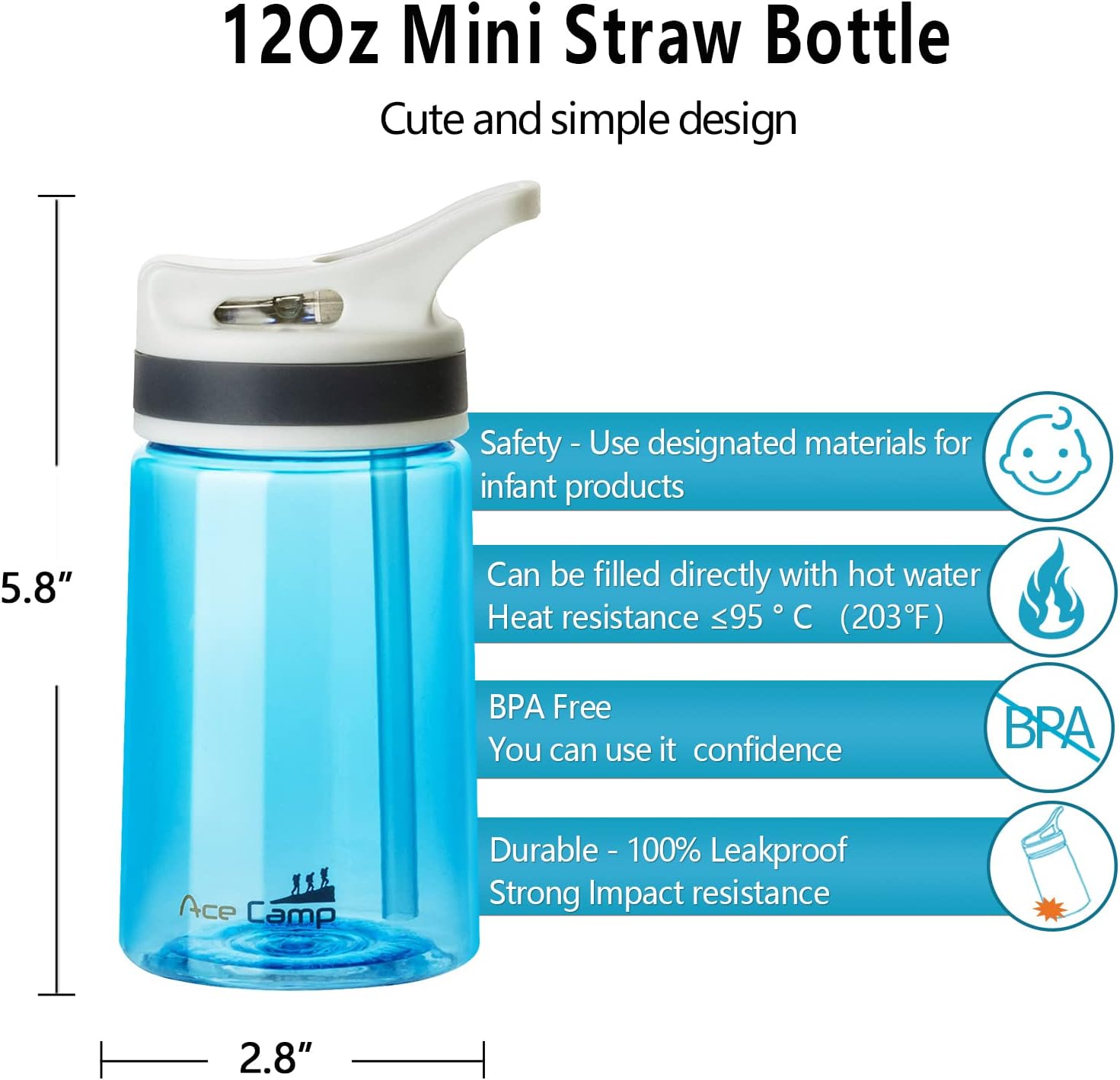 AceCamp Botella de agua pequeña de 12 onzas con popote para niños y adultos, sin BPA, botella deportiva de Tritan a prueba de fugas, color azul