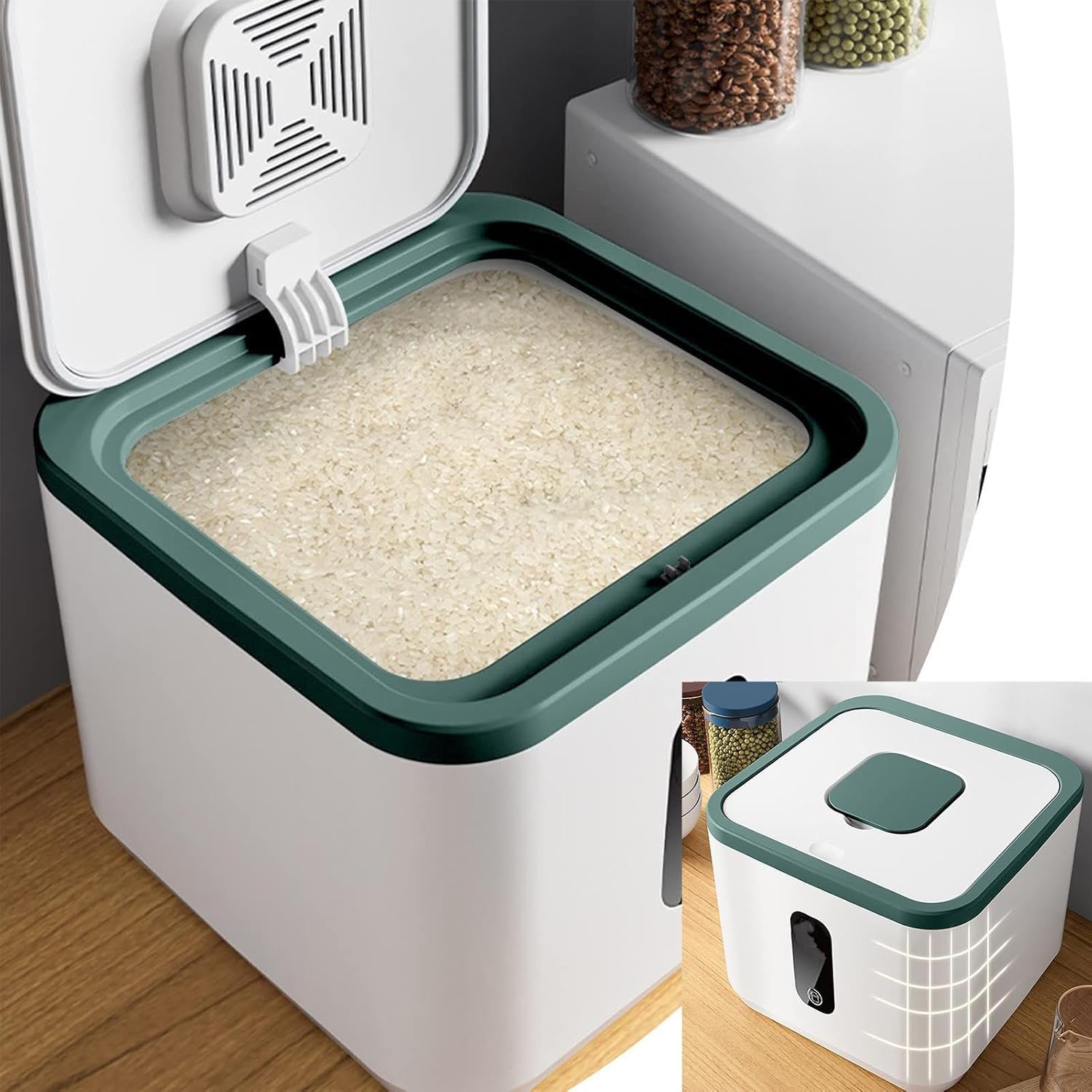 Dispensador de arroz, contenedor de arroz de 22 a 25 libras, Contenedores de alimentos, Contenedor de harina de alimentos secos con taza medidora,