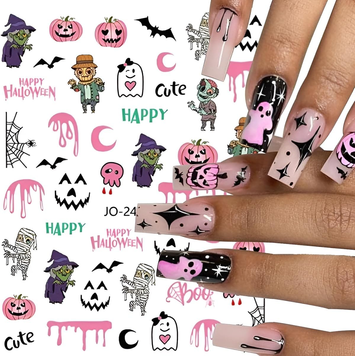8 hojas de calcomanías de arte de uñas de Halloween, diseño de calavera rosa, fantasma, araña, calabaza, calabaza, suministros de arte de uñas,