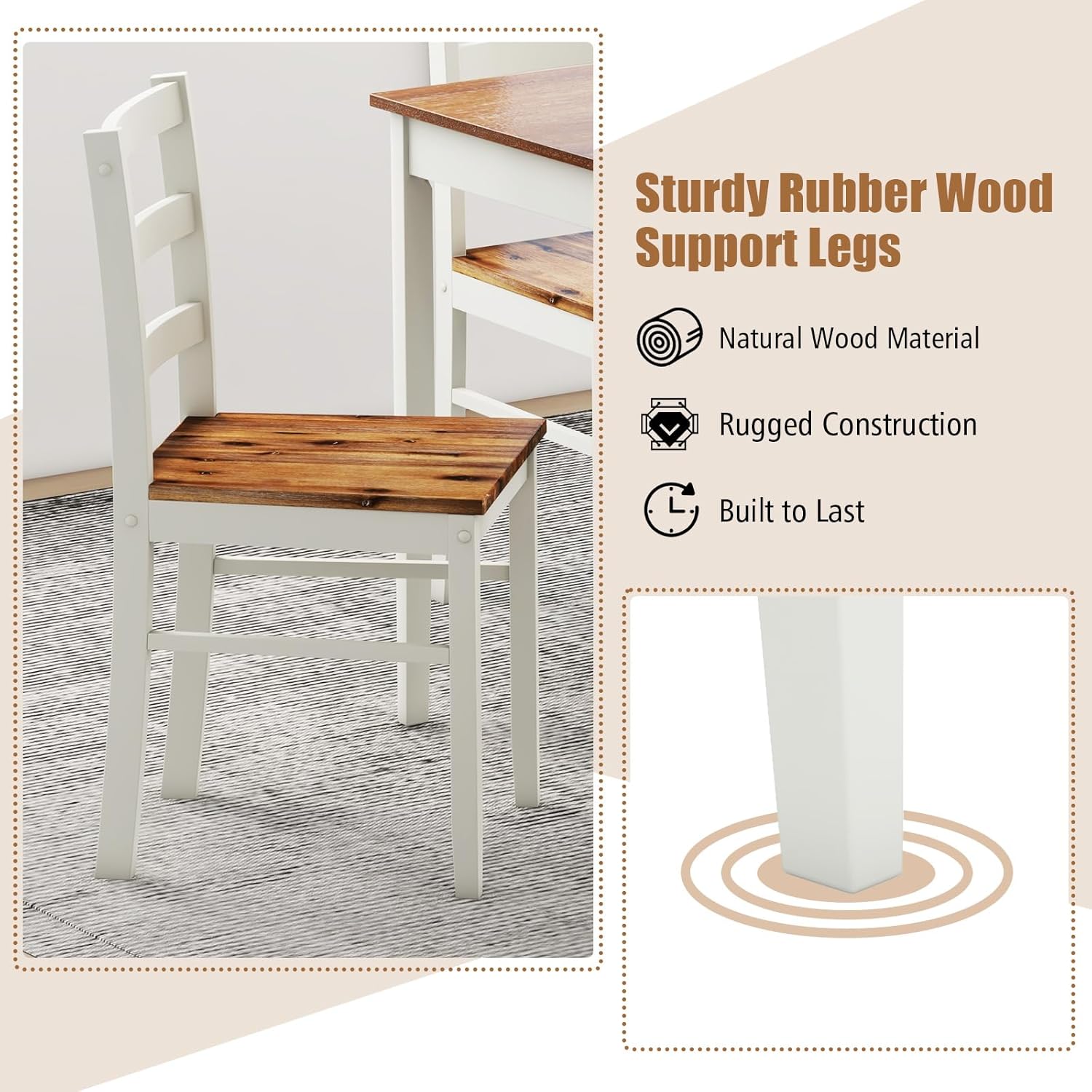 Tangkula Juego de mesa de comedor para 4, madera maciza, juego de comedor de granja con patas de madera de goma, juego de mesa de comedor y sillas