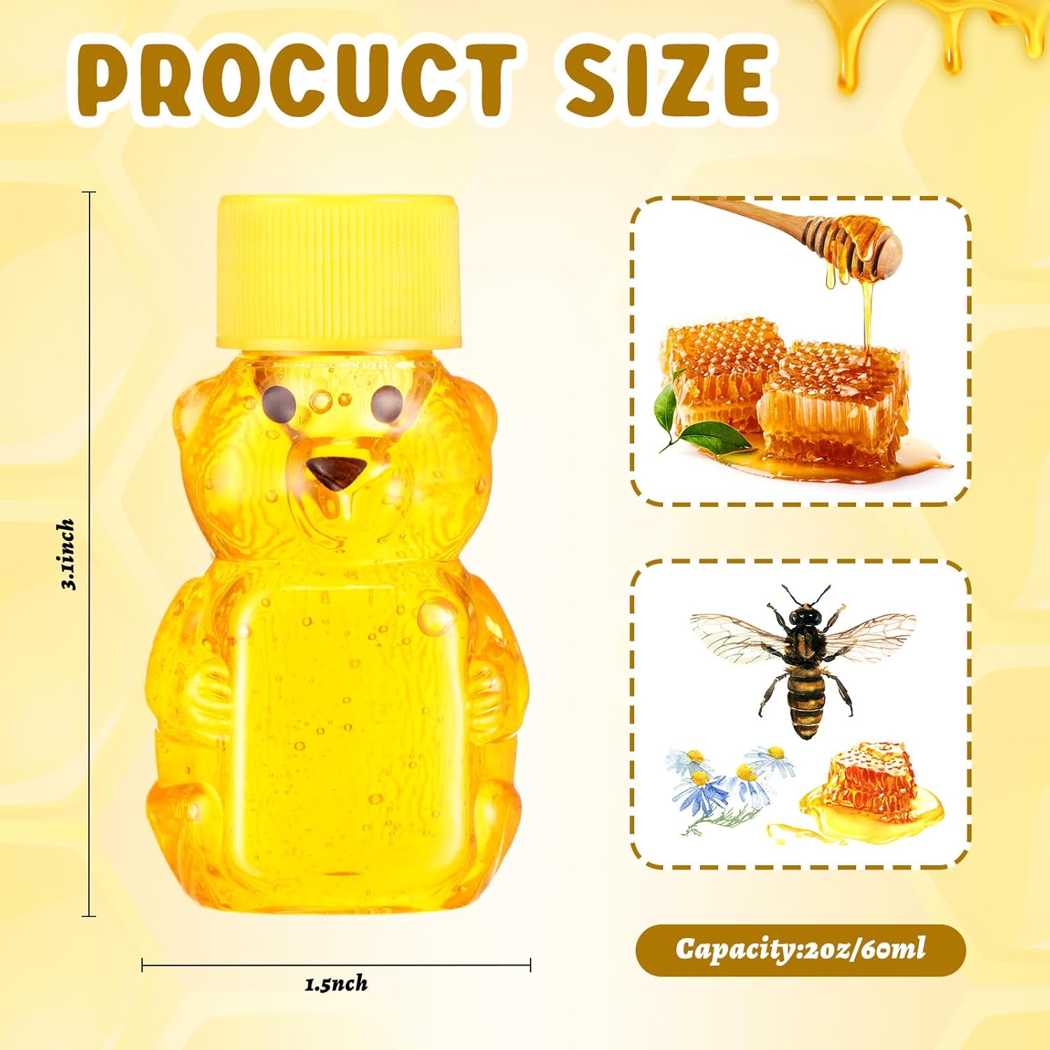 Patelai 96 botellas de plástico de 2 onzas con forma de oso de miel transparente con forma de oso, dispensador de miel vacío con tapa, tarros de