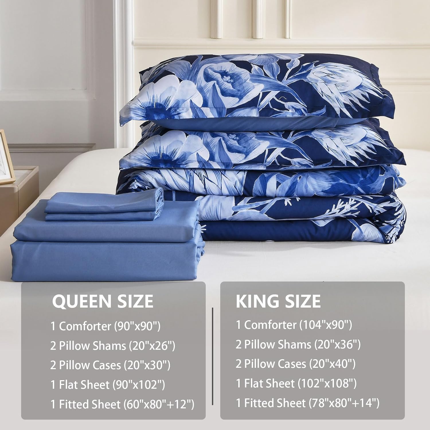 Luxudecor Juego de edredón floral tamaño King de 7 piezas, cama de flores azul marino en una bolsa, elegante edredón floral con juego de sábanas,