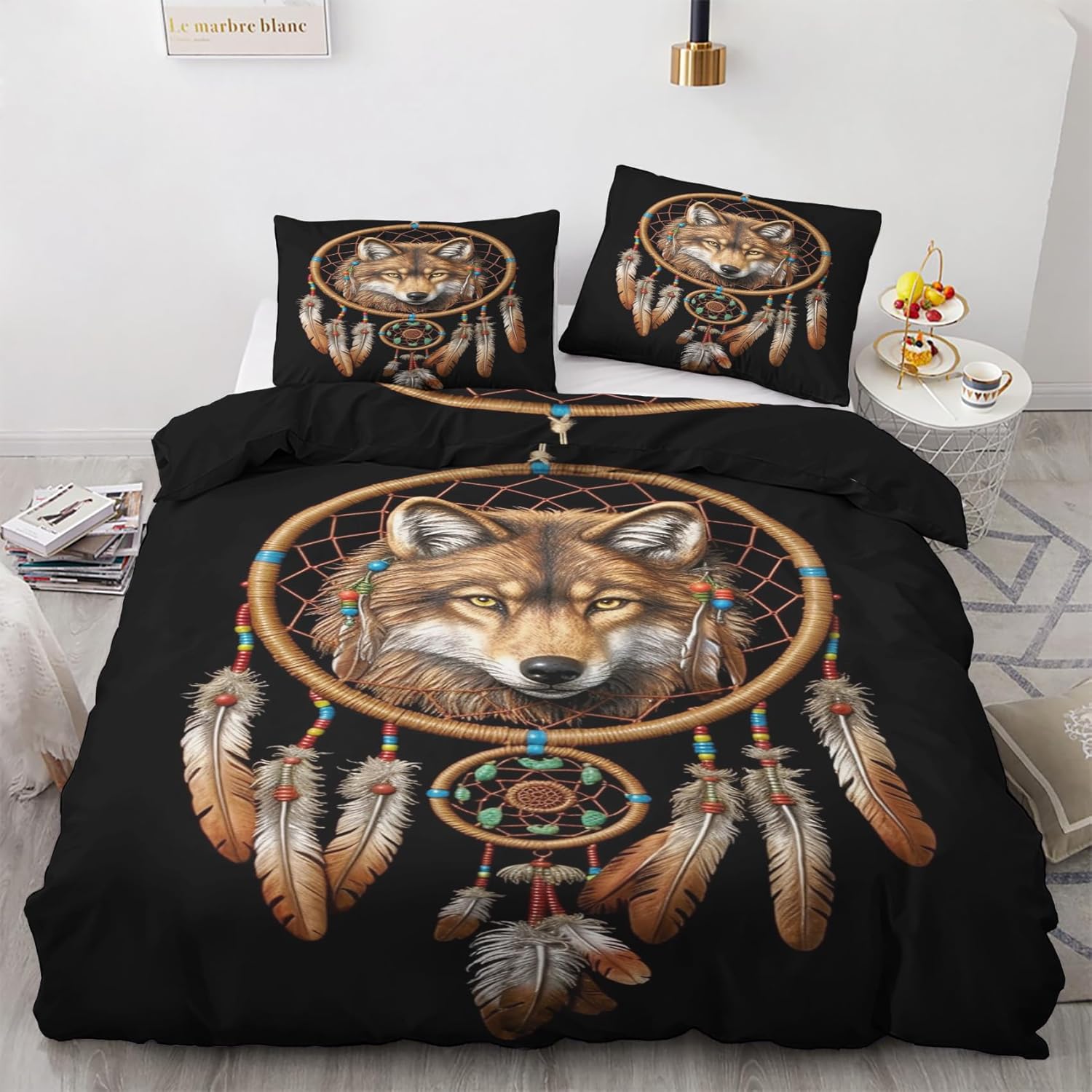 Funda de edredón de atrapasueños de lobo tamaño matrimonial  Juego de ropa de cama de nativos americanos  3 piezas  Funda de edredón con patrón de