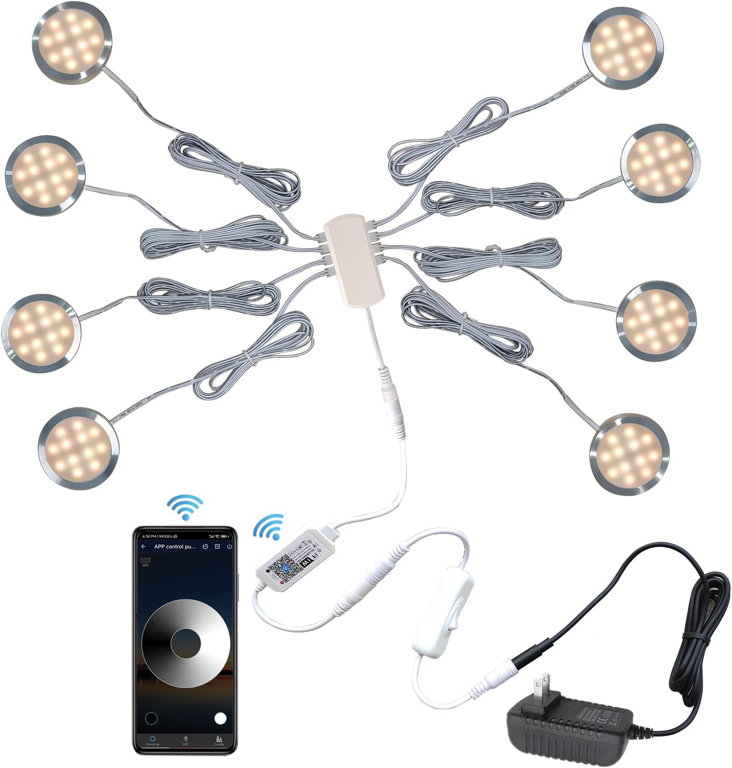 Paquete de 8 luces de disco con control WiFi, aplicación de control Alexa, interruptor basculante para debajo del gabinete, iluminación de gabinete,