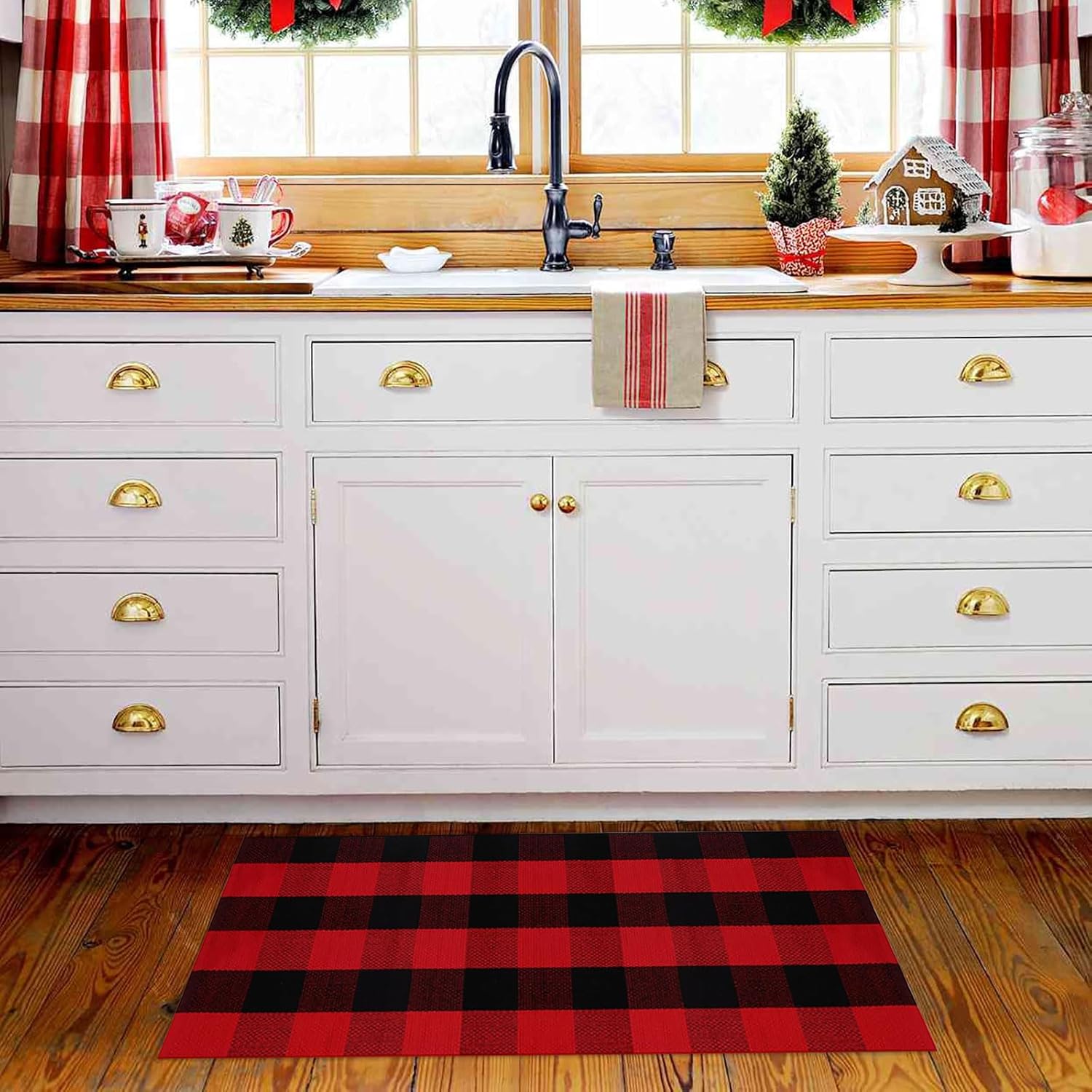 Alfombra de Navidad a cuadros para exteriores, 2 x 4 pies 3 pulgadas, rojo y negro, alfombra de área para interiores y exteriores, alfombra de capas
