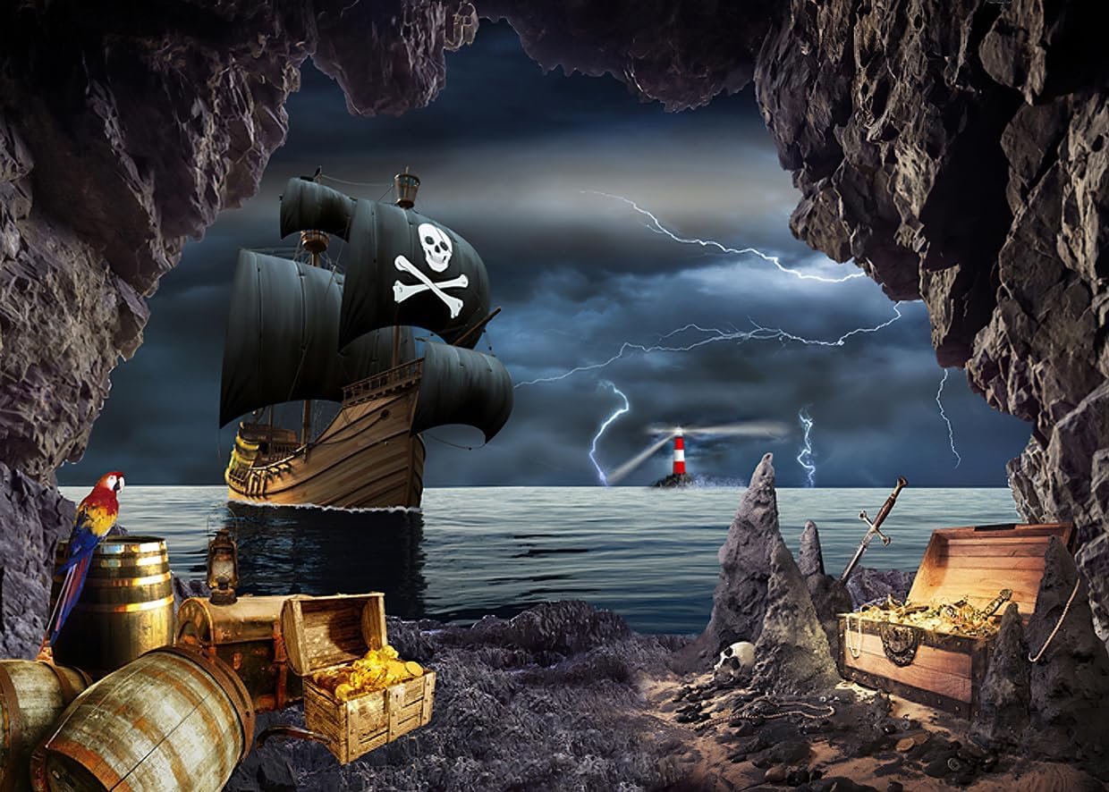 Telón de fondo de barco pirata de 7 x 5 pies, aventura náutica, búsqueda del tesoro, fotografía, telón de fondo, tema pirata, fondo de fotografía