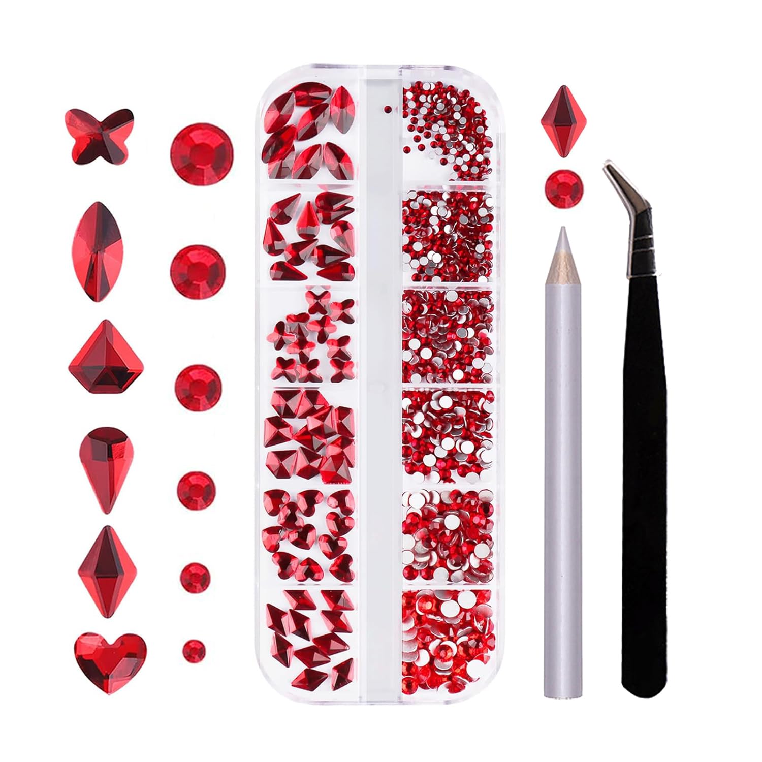 Juego de diamantes de imitación rojos para uñas, 60 piedras preciosas de diamantes de imitación rojos con parte trasera plana de cristal multiforma