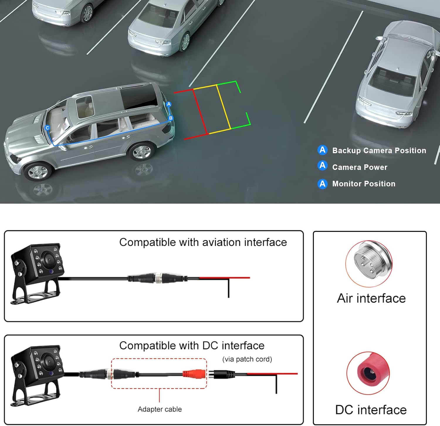 Cámara de respaldo AHD y CVBS Cable de 4 pines + conector RCA, Hodozzy IP69 impermeable cámara de visión trasera para automóvil, visión nocturna,