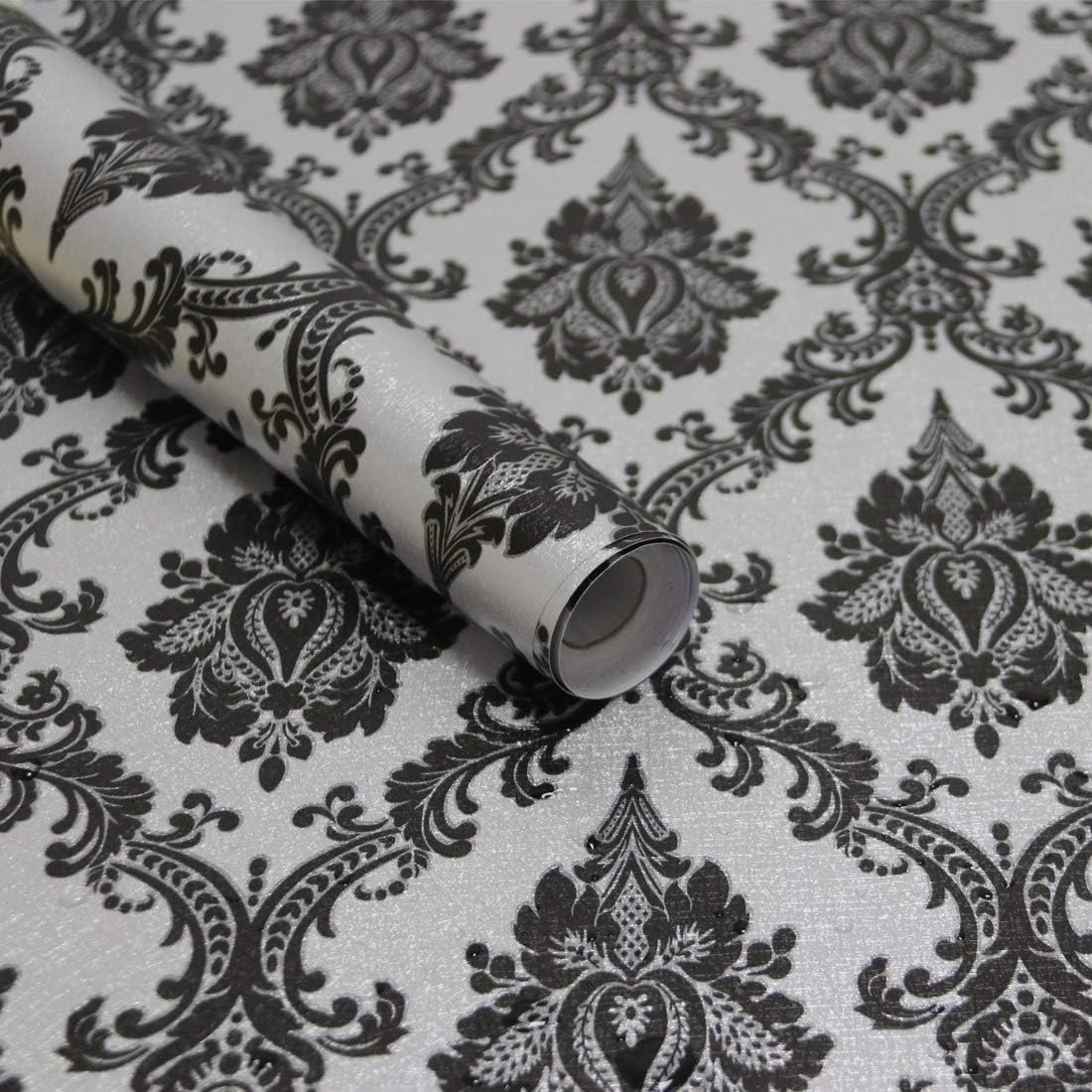 Papel tapiz autoadhesivo de 17.7 x 197 pulgadas, color negro y plateado, papel de contacto de damasco, papel de contacto autoadhesivo de película de